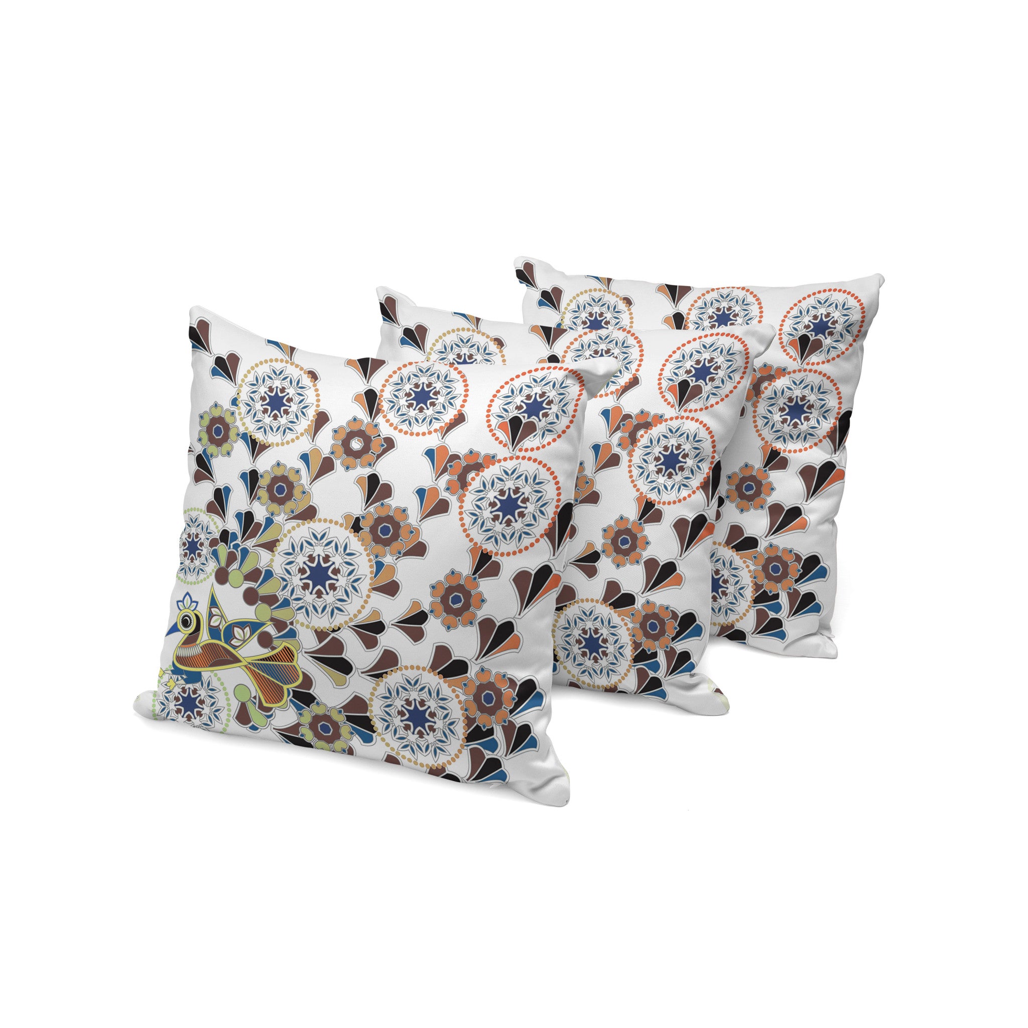 Set of Three 16" X 16" Blue and Off White Peacock Blown Seam Floral Indoor Outdoor Throw Pillow