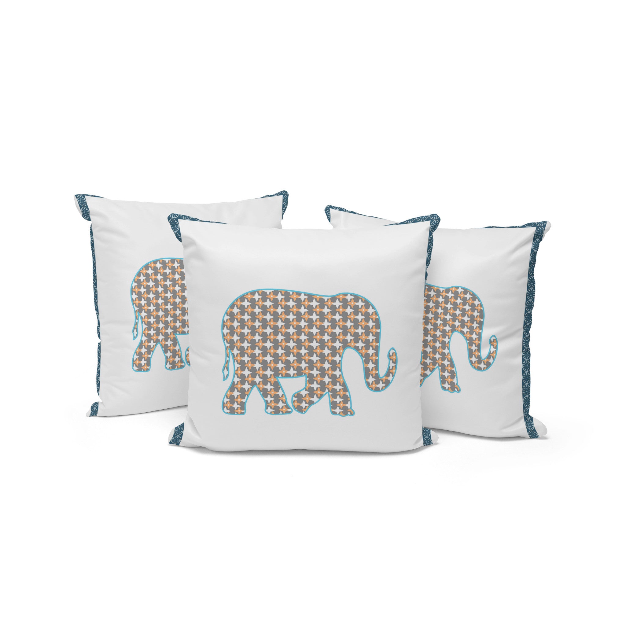 Set of Three 16" X 16" Gold and White Elephant Blown Seam Animal Print Indoor Outdoor Throw Pillow