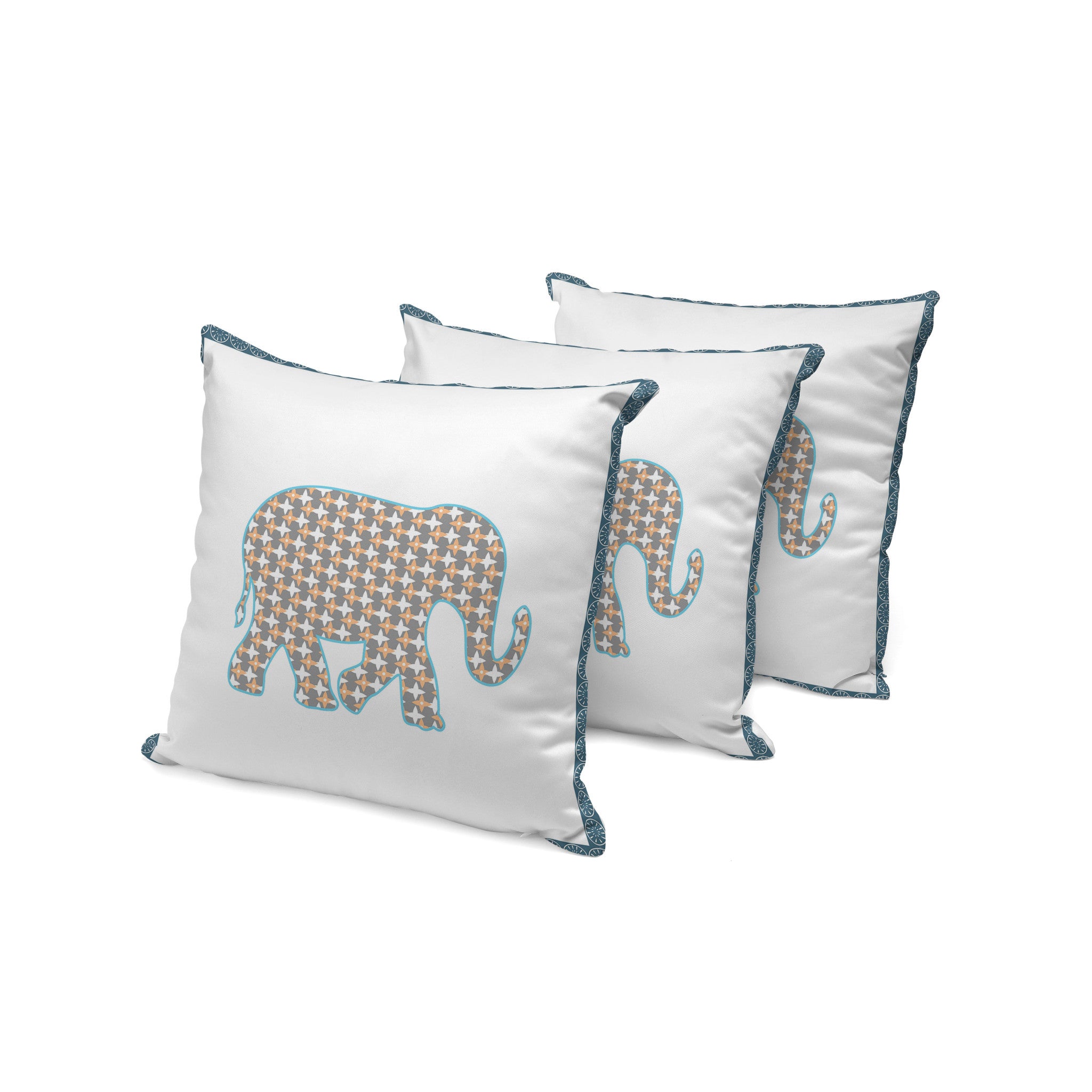 Set of Three 16" X 16" Gold and White Elephant Blown Seam Animal Print Indoor Outdoor Throw Pillow