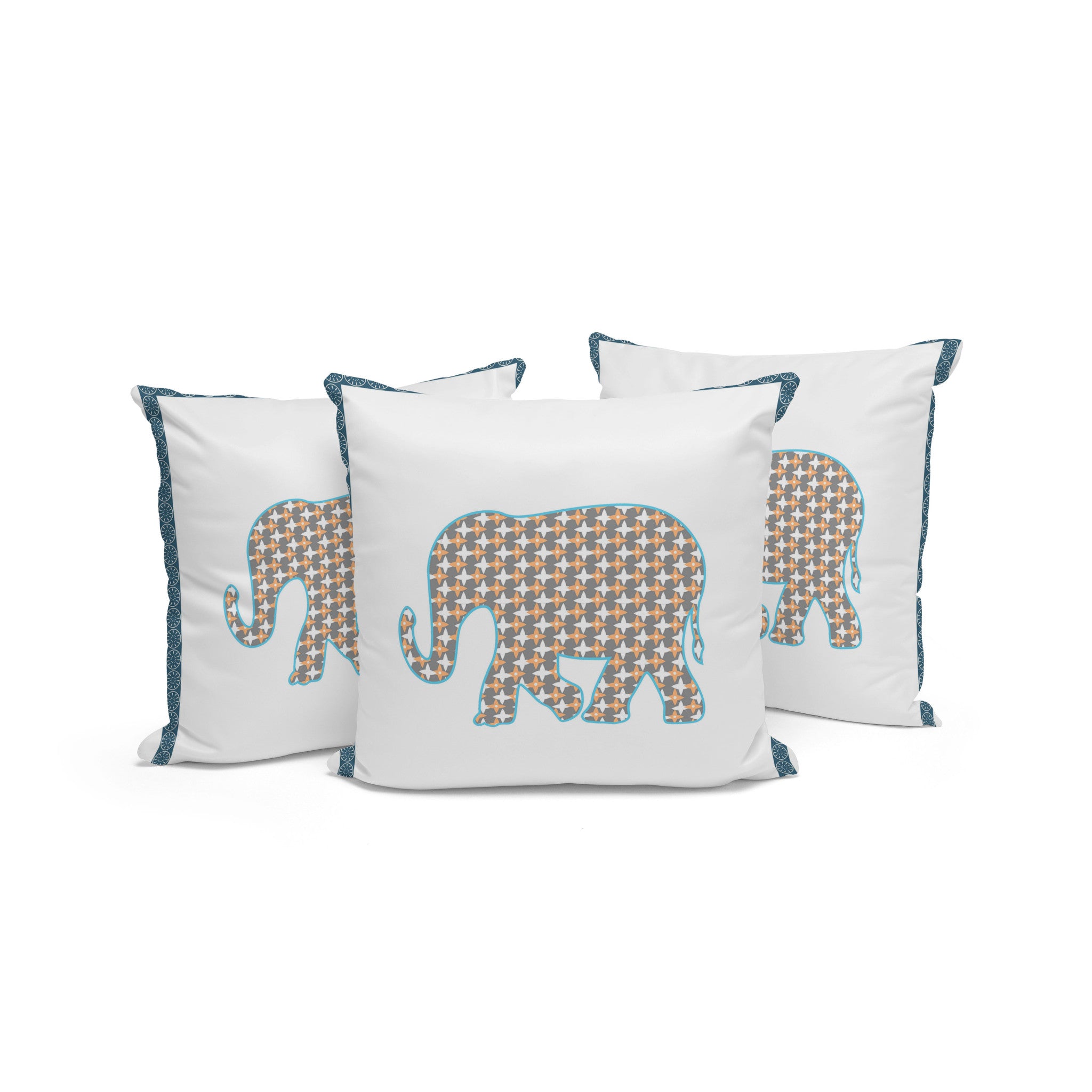 Set of Three 16" X 16" Gold and White Elephant Blown Seam Animal Print Indoor Outdoor Throw Pillow