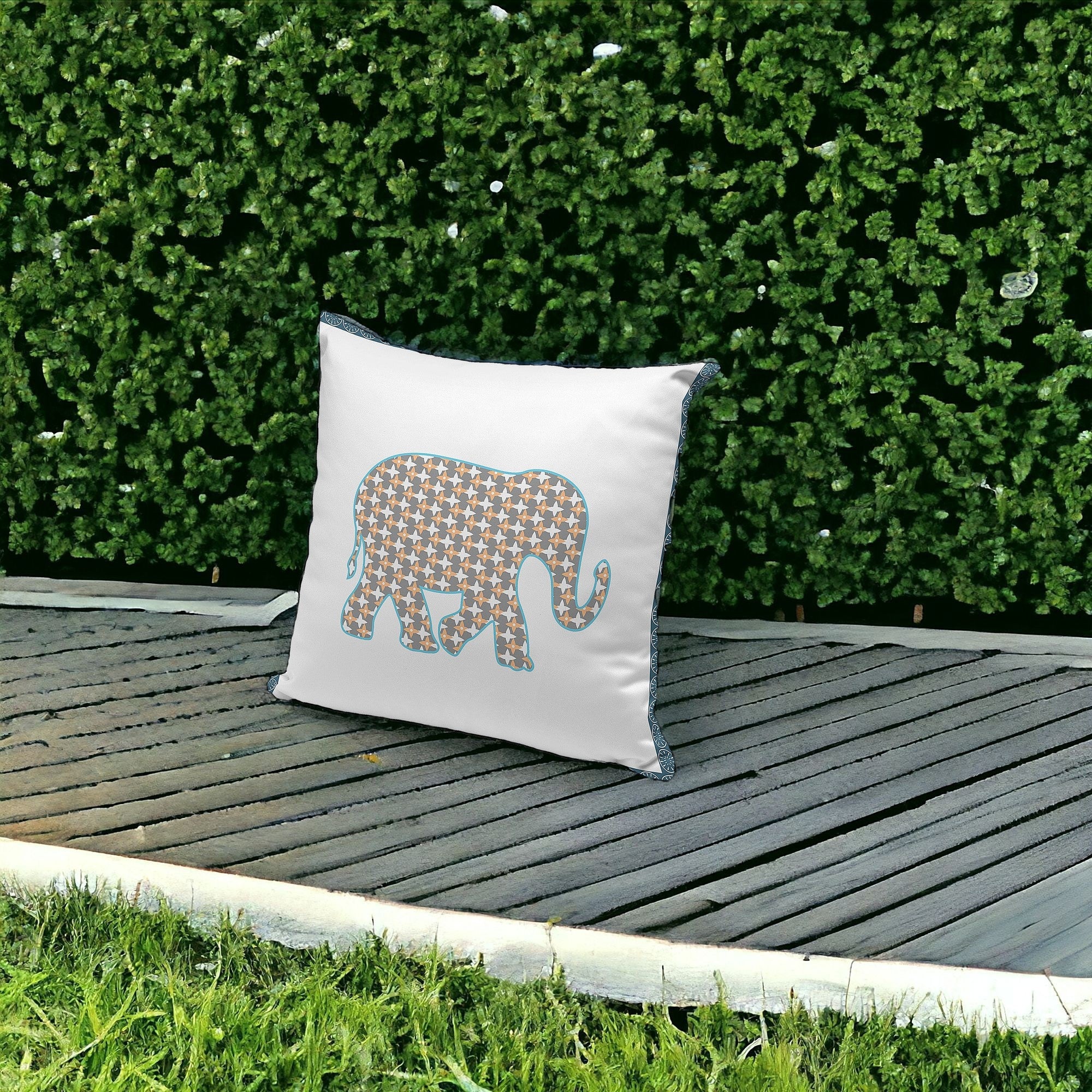 Set of Three 16" X 16" Gold and White Elephant Blown Seam Animal Print Indoor Outdoor Throw Pillow