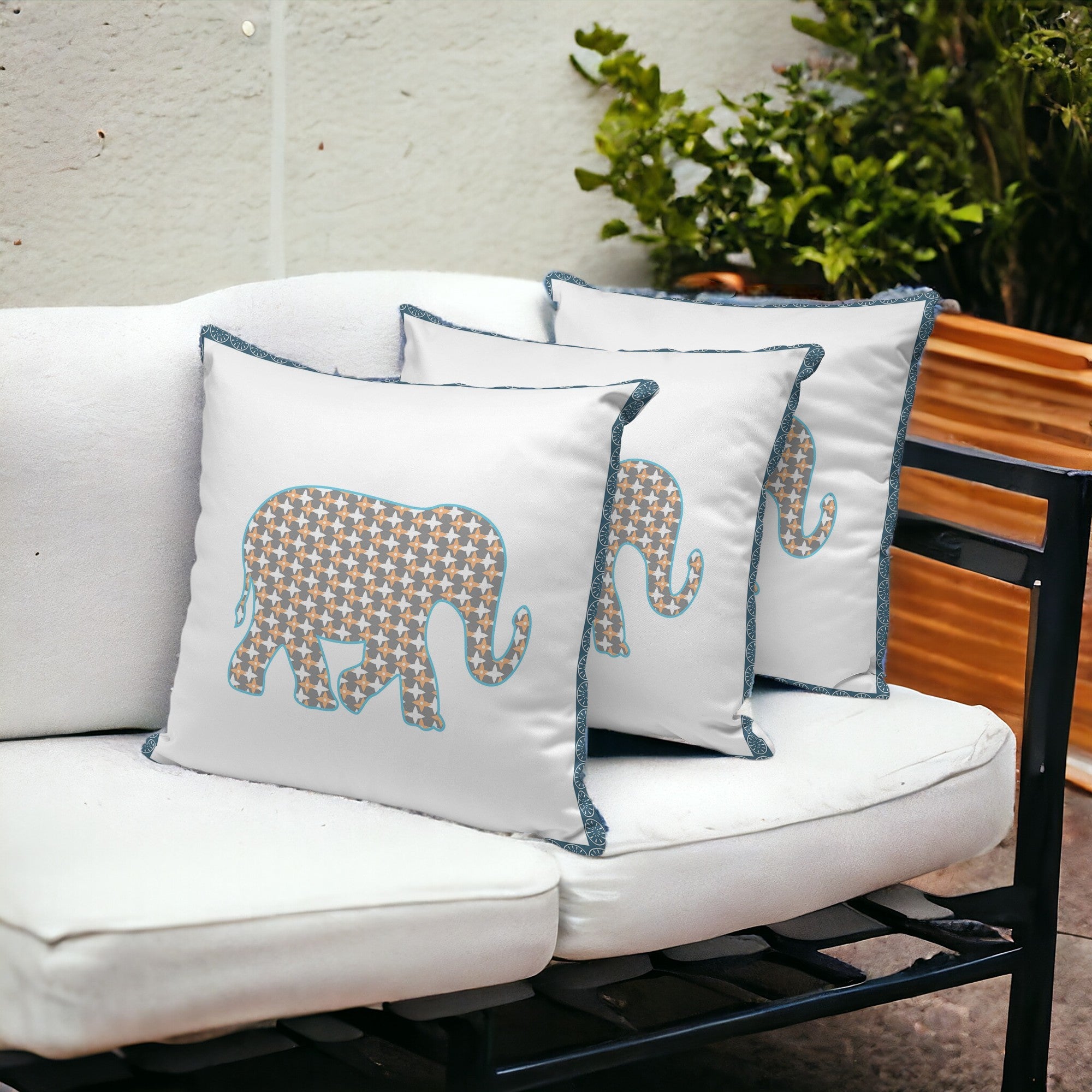 Set of Three 16" X 16" Gold and White Elephant Blown Seam Animal Print Indoor Outdoor Throw Pillow