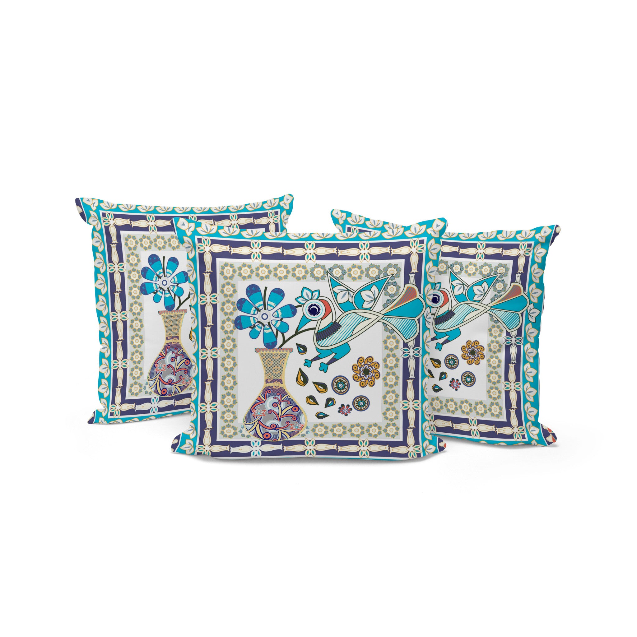 Set of Three 16" X 16" Blue and Purple Peacock Blown Seam Floral Indoor Outdoor Throw Pillow