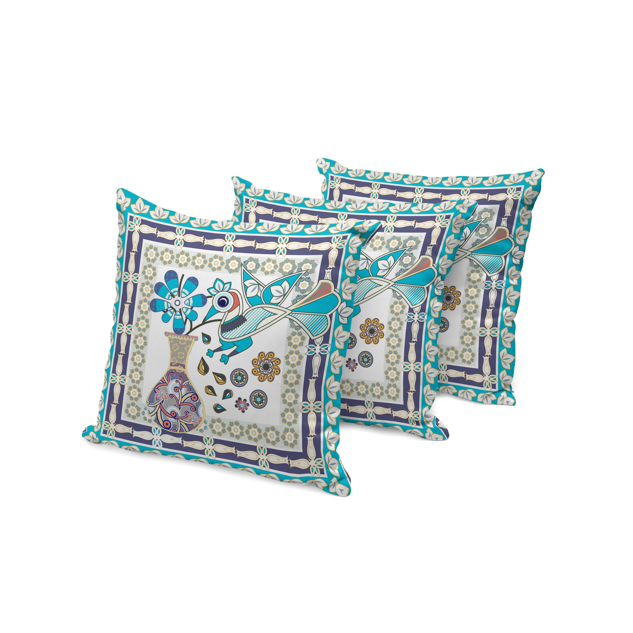 Set of Three 16" X 16" Blue and Purple Peacock Blown Seam Floral Indoor Outdoor Throw Pillow