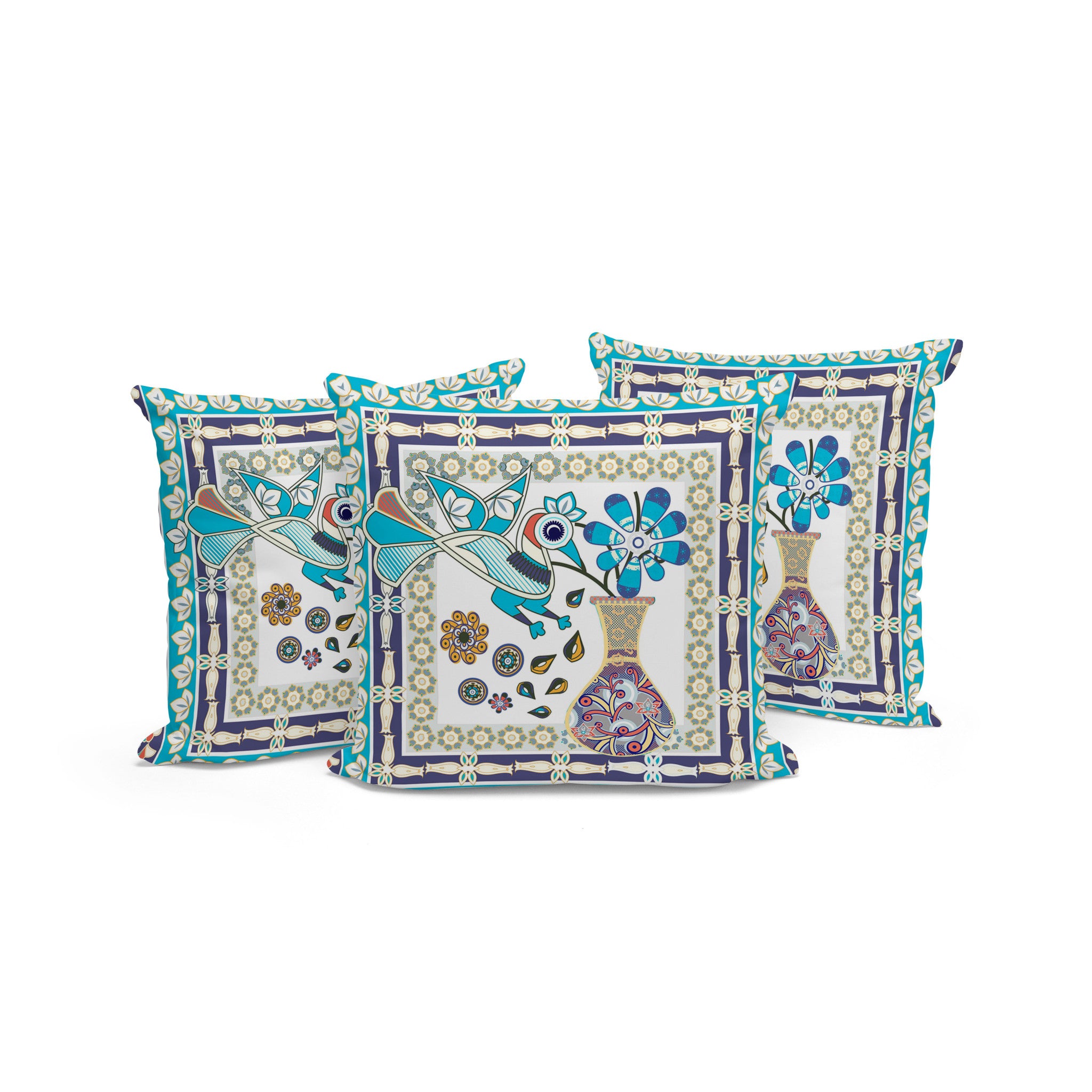 Set of Three 16" X 16" Blue and Purple Peacock Blown Seam Floral Indoor Outdoor Throw Pillow