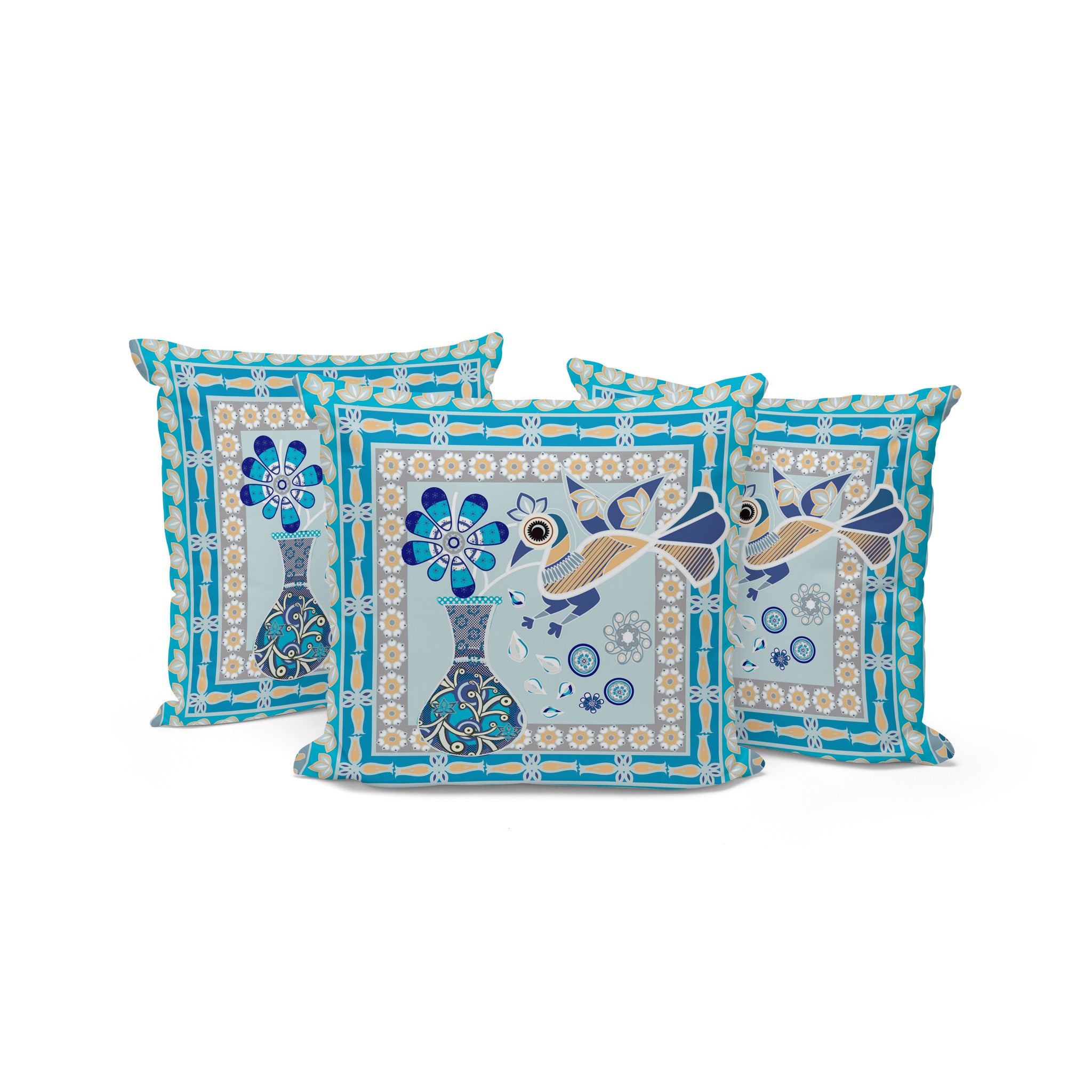 Set of Three 16" X 16" Blue and Gold Peacock Blown Seam Floral Indoor Outdoor Throw Pillow