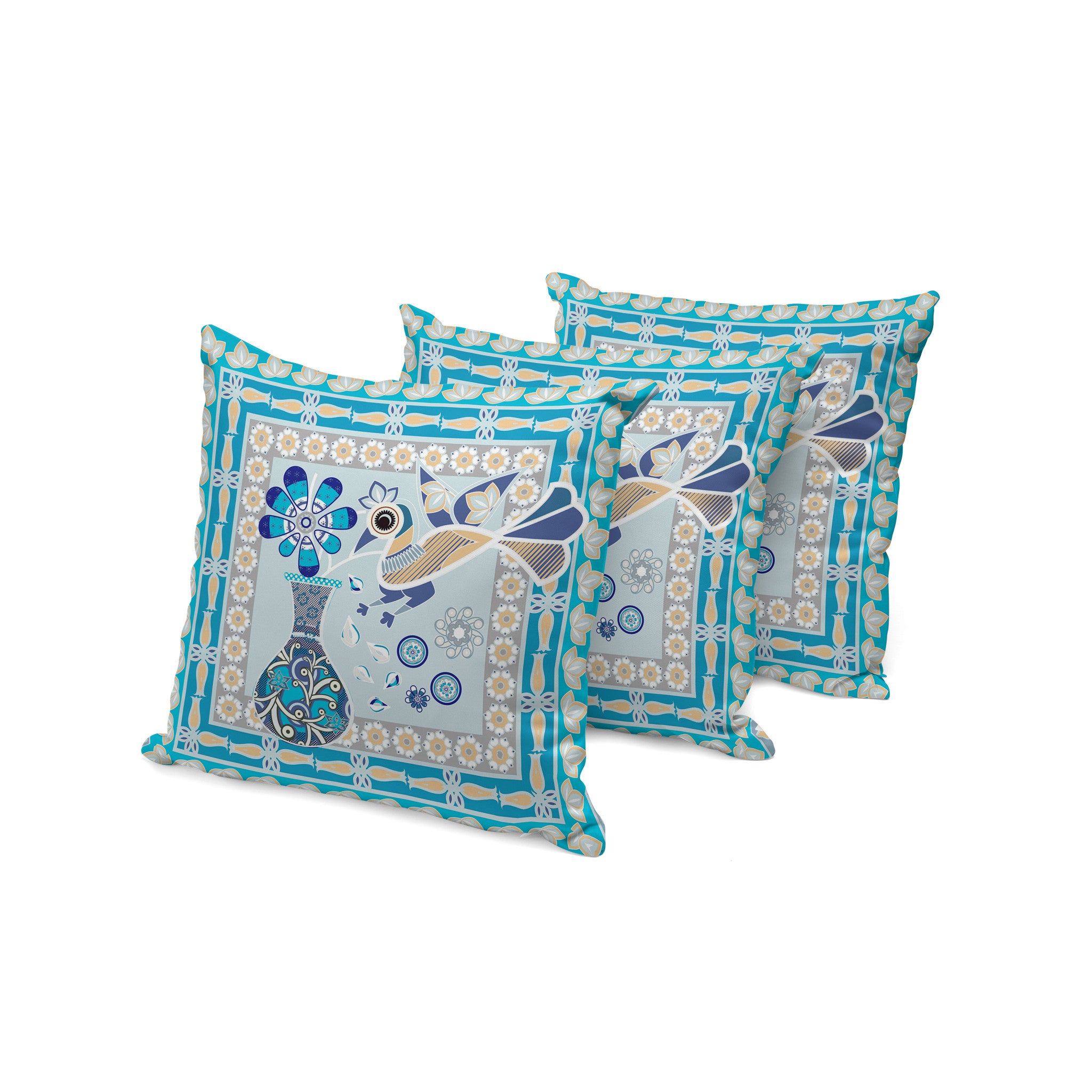 Set of Three 16" X 16" Blue and Gold Peacock Blown Seam Floral Indoor Outdoor Throw Pillow