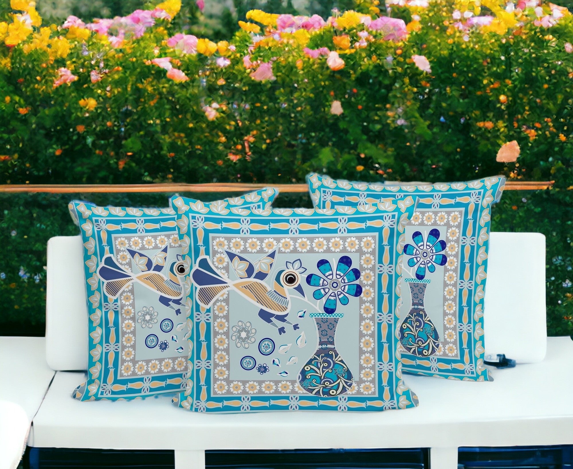 Set of Three 16" X 16" Blue and Gold Peacock Blown Seam Floral Indoor Outdoor Throw Pillow