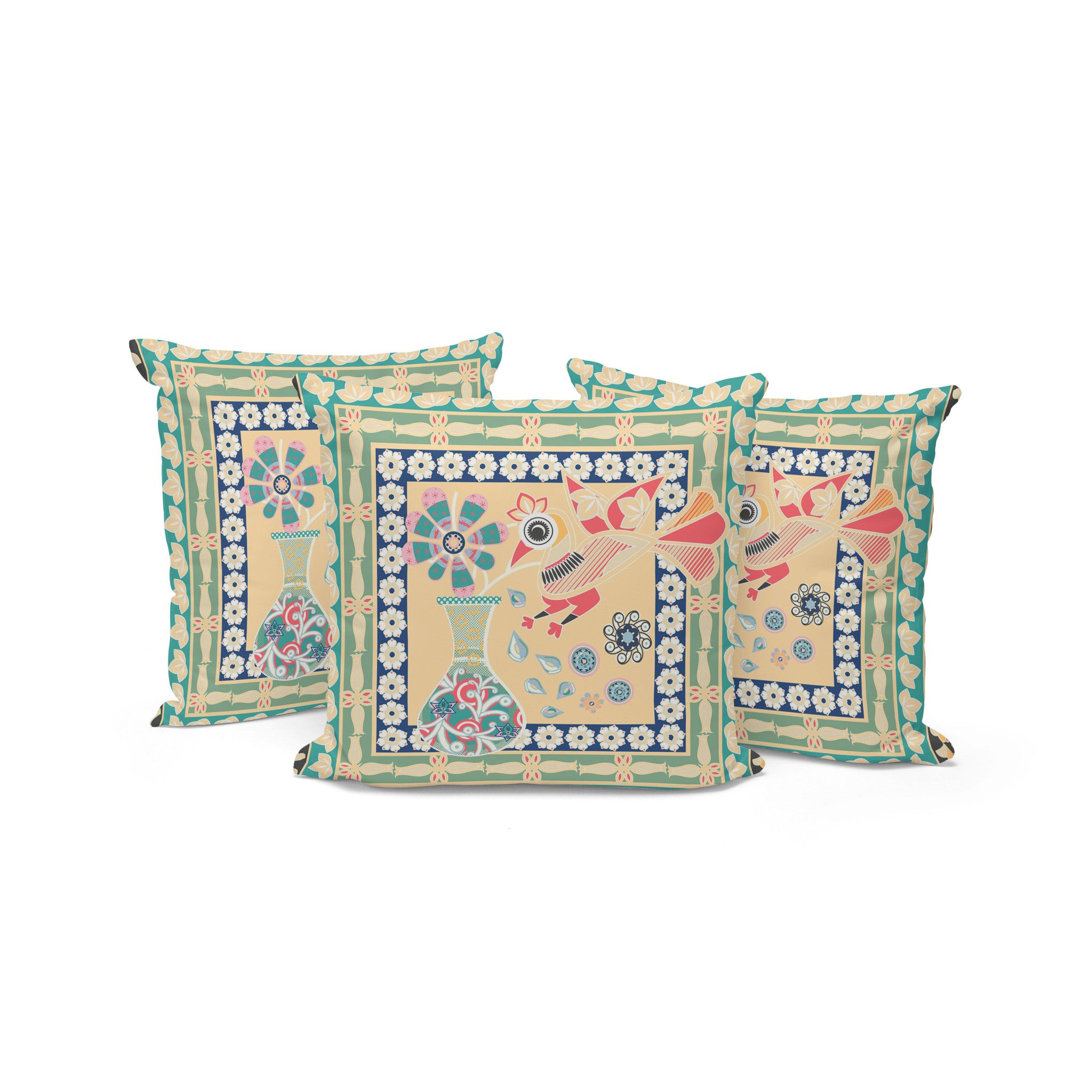 Set of Three 16" X 16" Green and Pink Peacock Blown Seam Floral Indoor Outdoor Throw Pillow