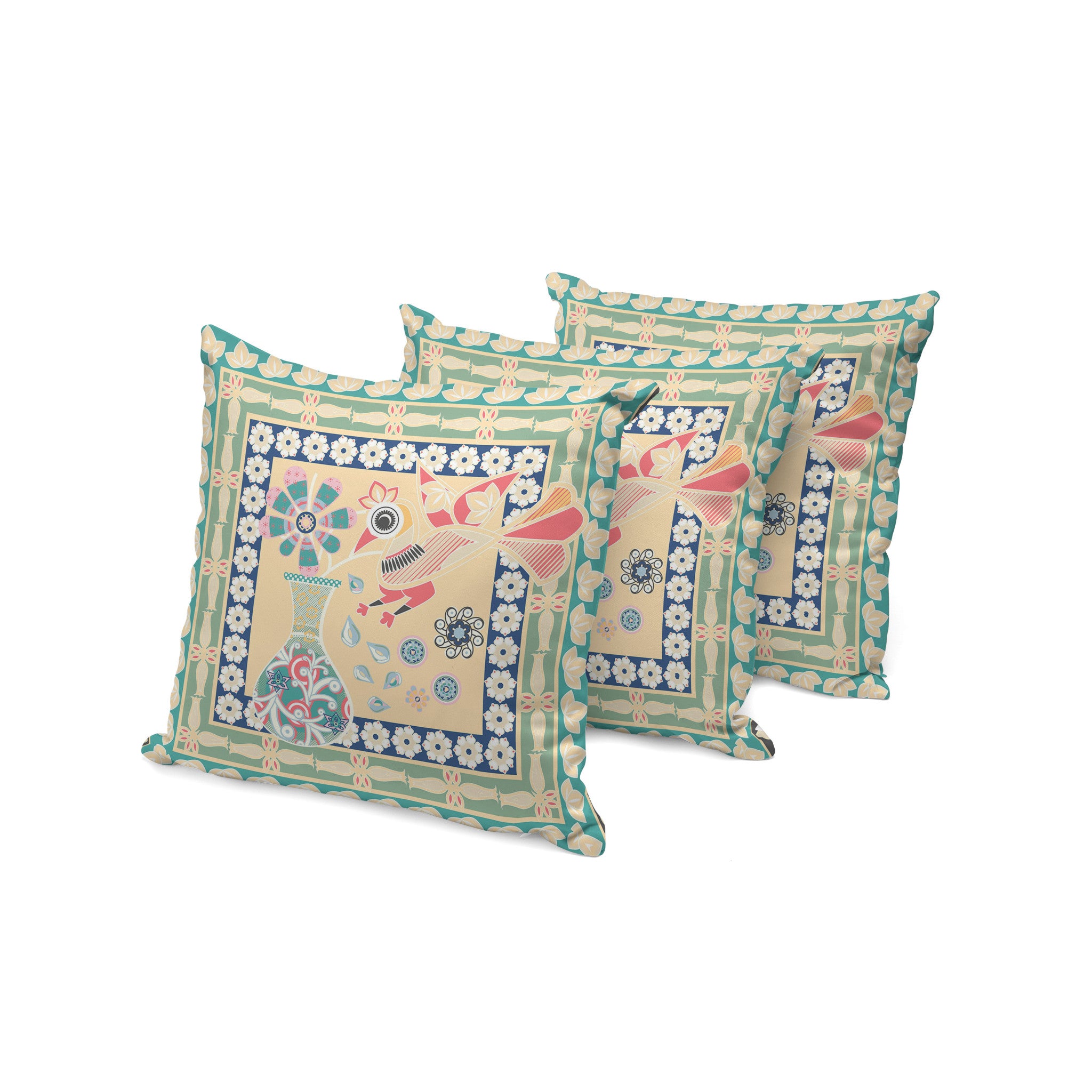 Set of Three 16" X 16" Green and Pink Peacock Blown Seam Floral Indoor Outdoor Throw Pillow