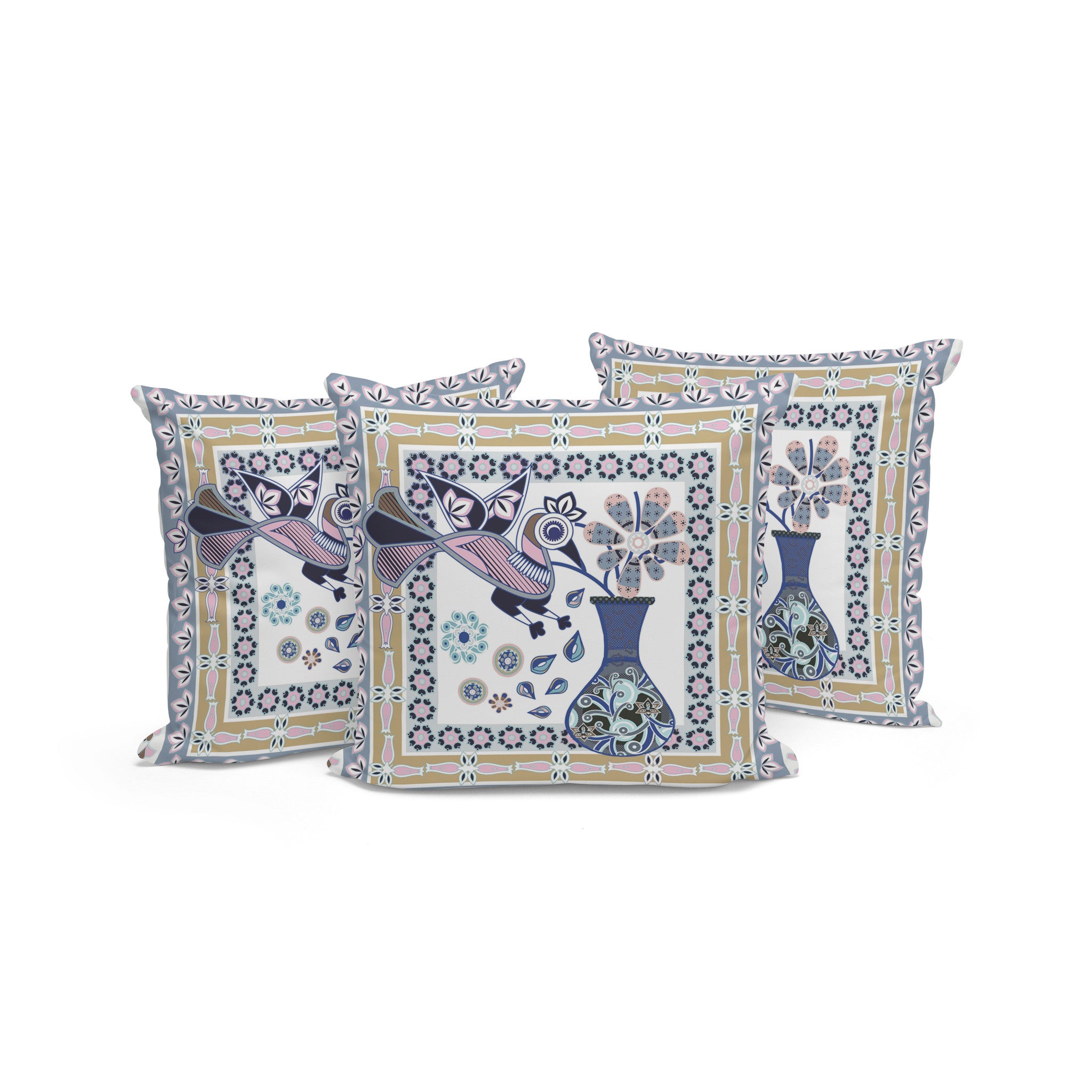 Set of Three 16" X 16" Beige and White Peacock Blown Seam Floral Indoor Outdoor Throw Pillow