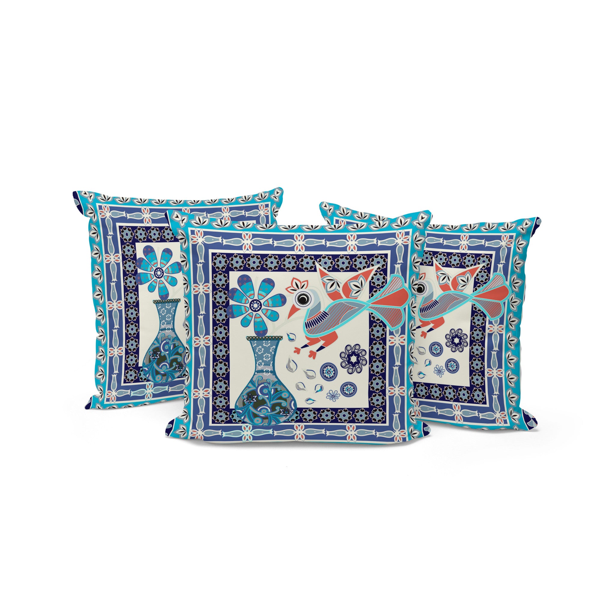 Set of Three 16" X 16" Blue and Off White Peacock Blown Seam Floral Indoor Outdoor Throw Pillow