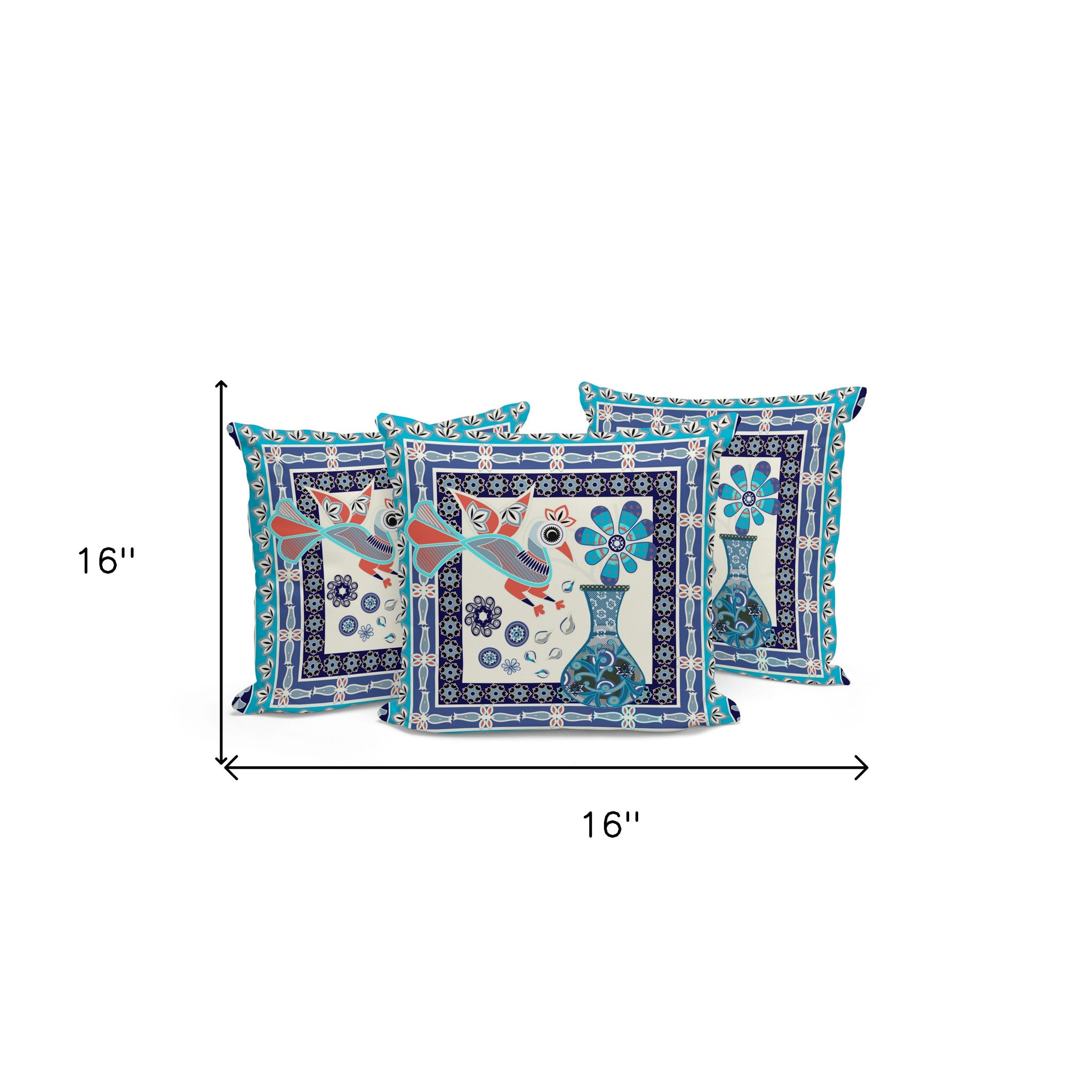 Set of Three 16" X 16" Blue and Off White Peacock Blown Seam Floral Indoor Outdoor Throw Pillow