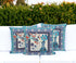 Set of Three 16" X 16" Blue and Off White Peacock Blown Seam Floral Indoor Outdoor Throw Pillow