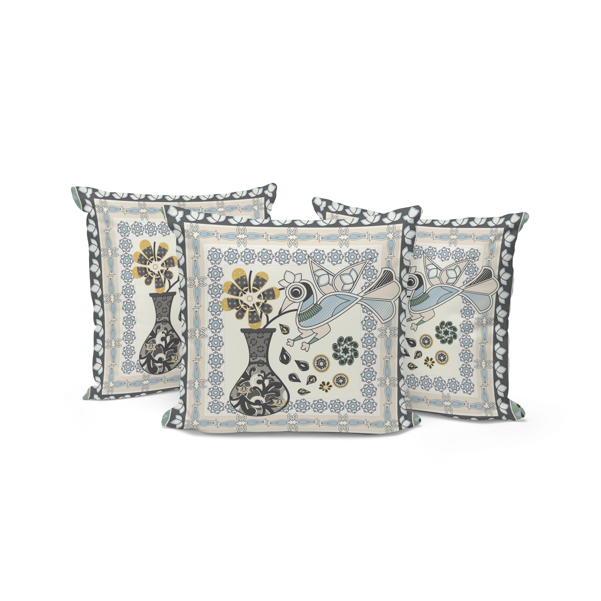 Set of Three 16" X 16" Black and Gray Peacock Blown Seam Floral Indoor Outdoor Throw Pillow