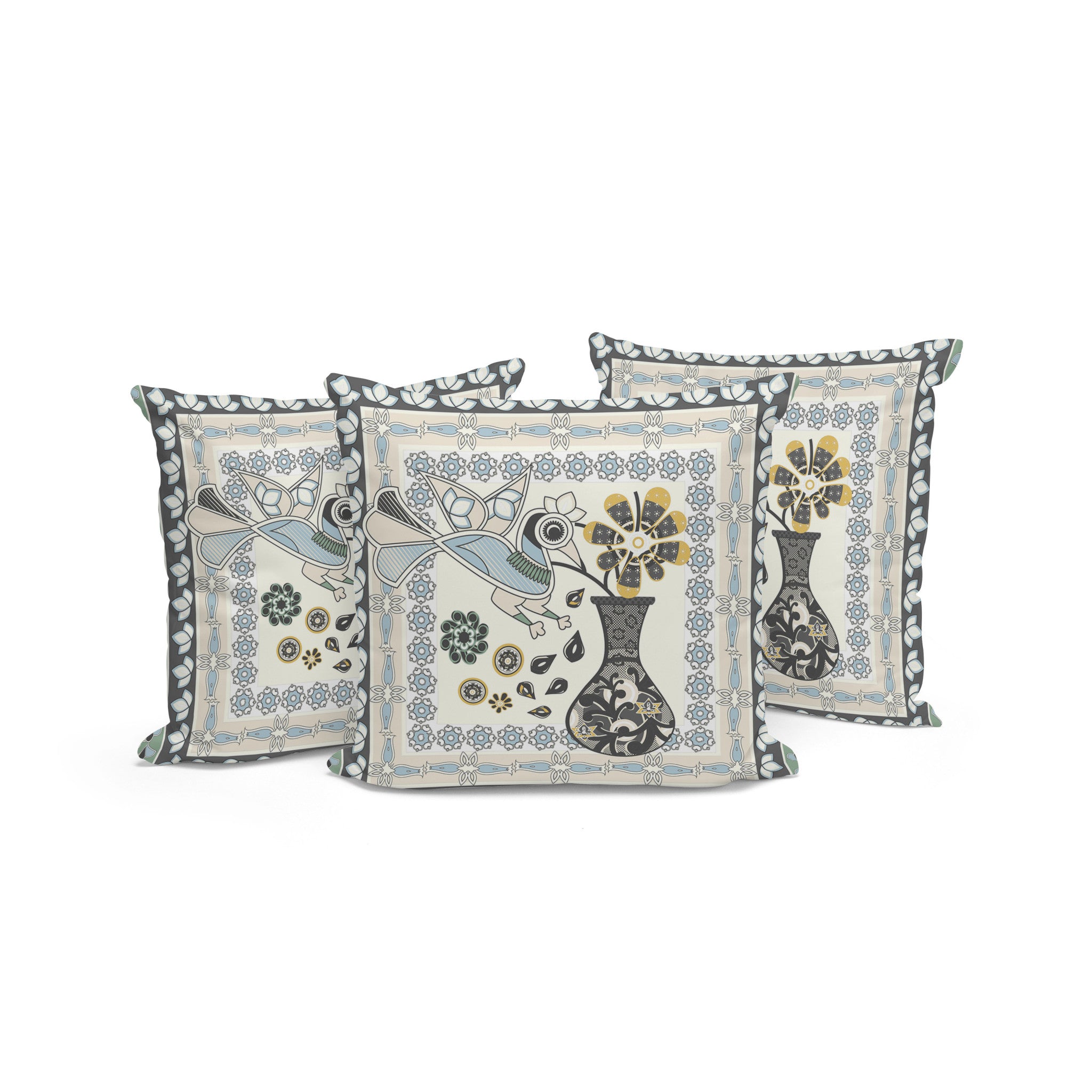 Set of Three 16" X 16" Black and Gray Peacock Blown Seam Floral Indoor Outdoor Throw Pillow