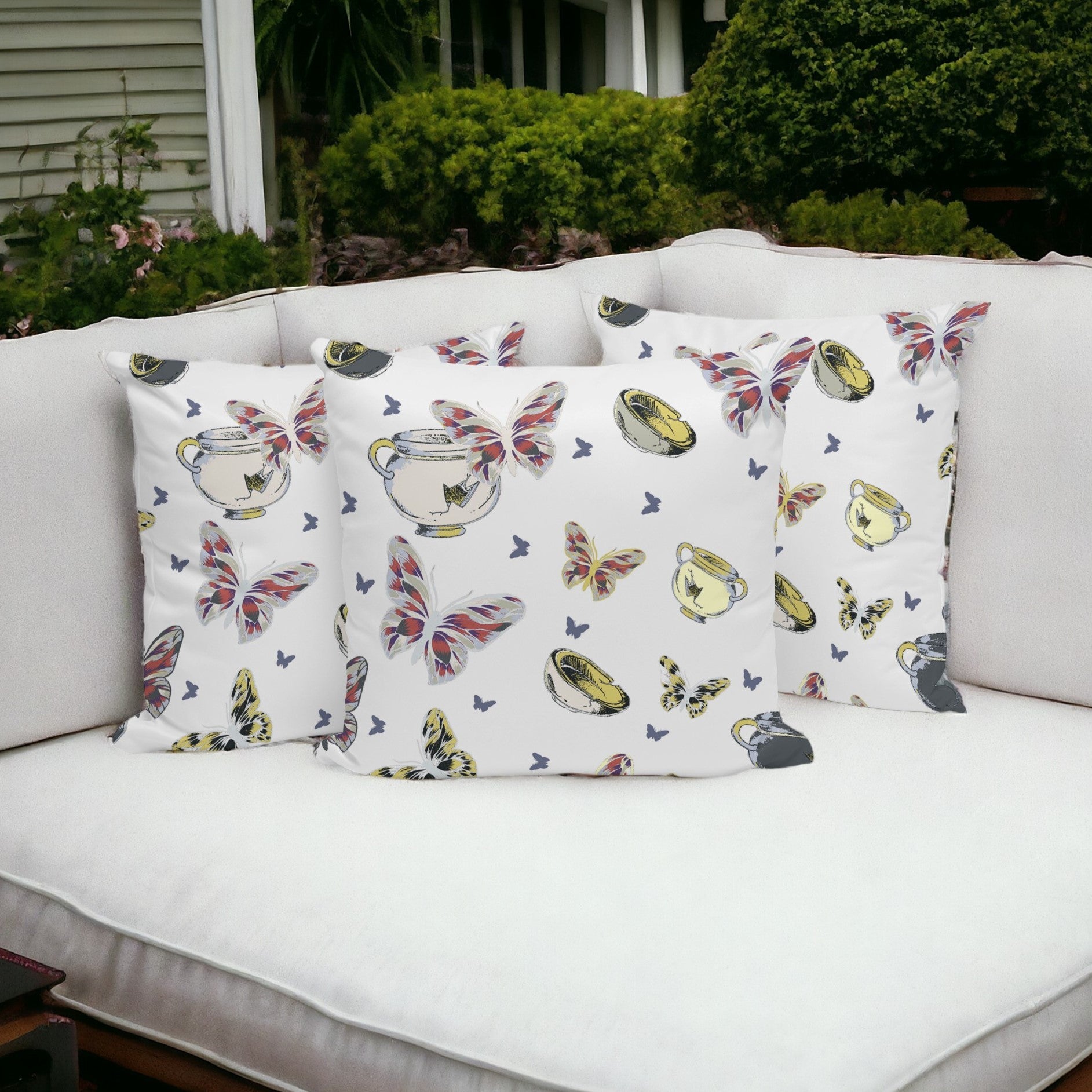 Set of Three 16" X 16" Blue and White Butterfly Blown Seam Animal Print Indoor Outdoor Throw Pillow