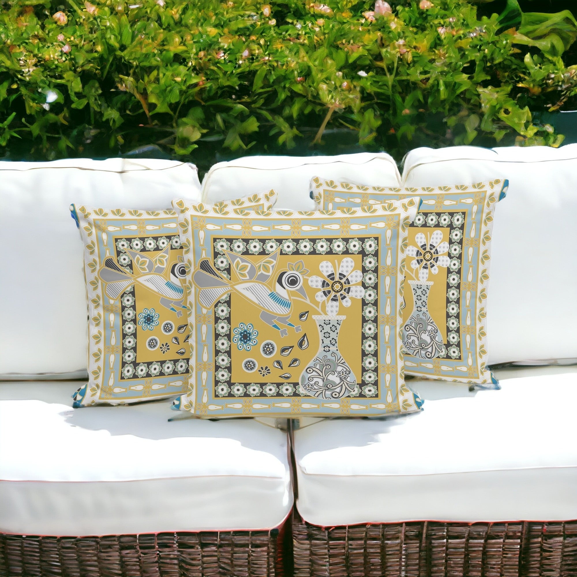 Set of Three 16" X 16" Beige and White Peacock Blown Seam Floral Indoor Outdoor Throw Pillow