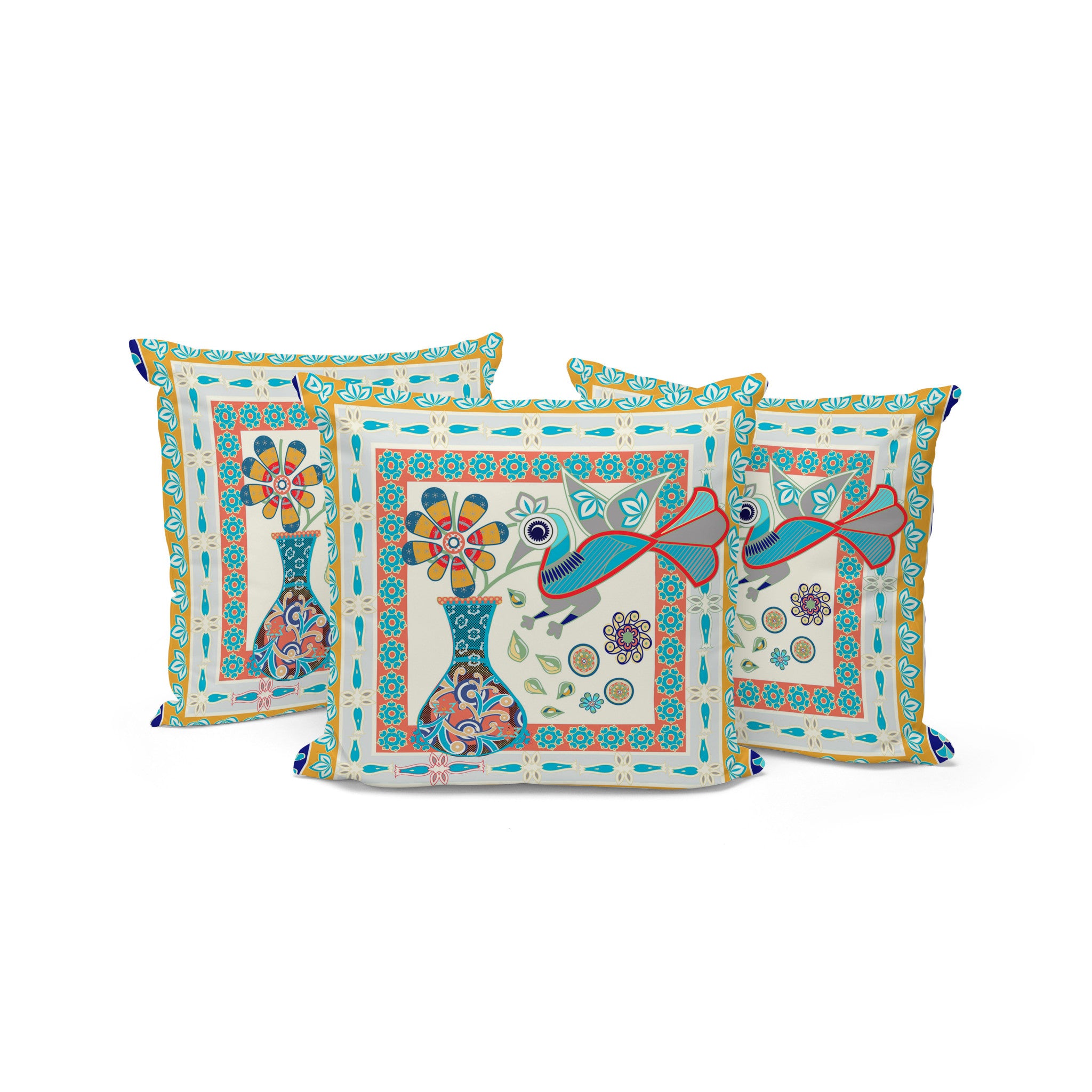 Set of Three 16" X 16" Blue and Gold Peacock Blown Seam Floral Indoor Outdoor Throw Pillow