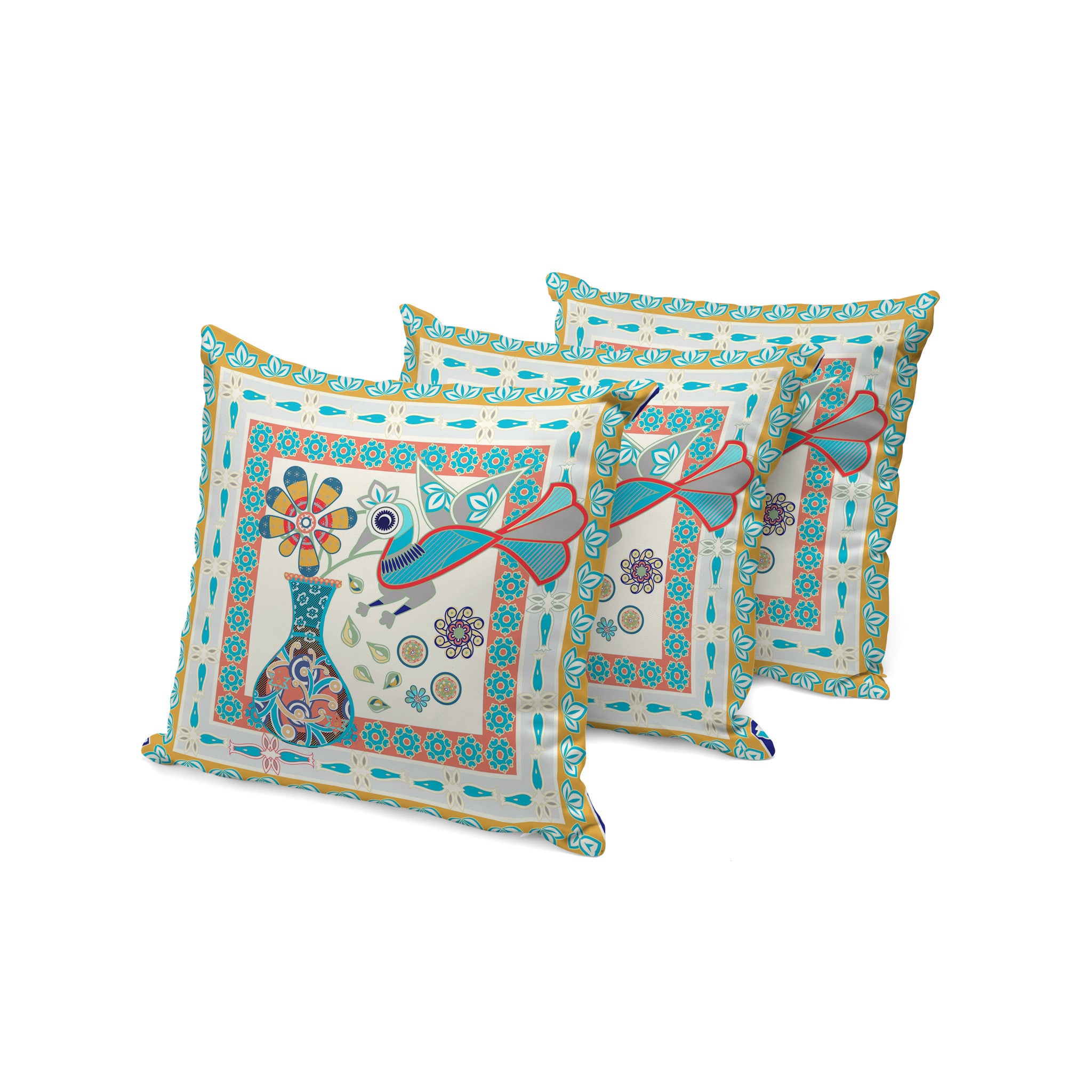 Set of Three 16" X 16" Blue and Gold Peacock Blown Seam Floral Indoor Outdoor Throw Pillow