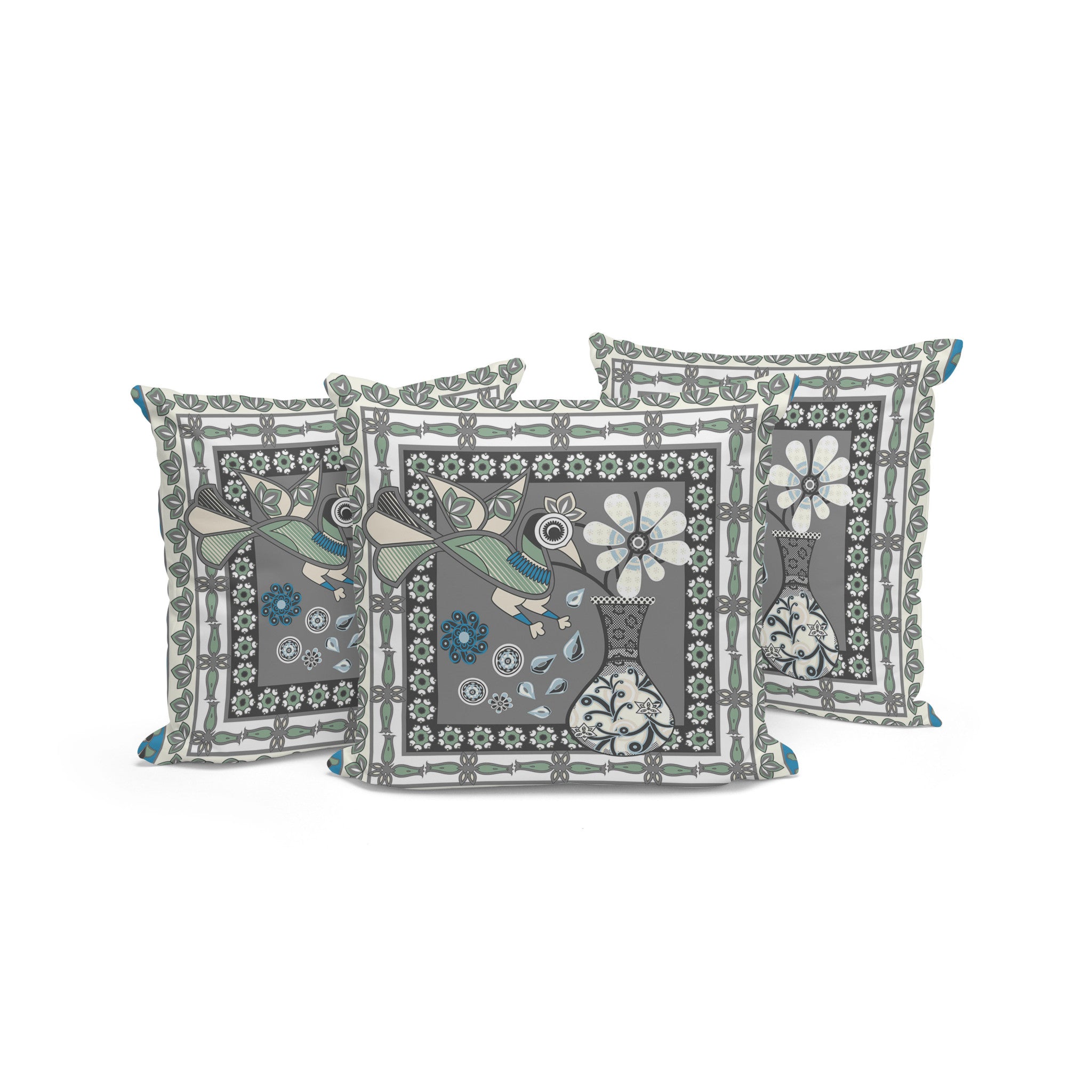 Set of Three 16" X 16" Black Gray and White Peacock Blown Seam Floral Indoor Outdoor Throw Pillow