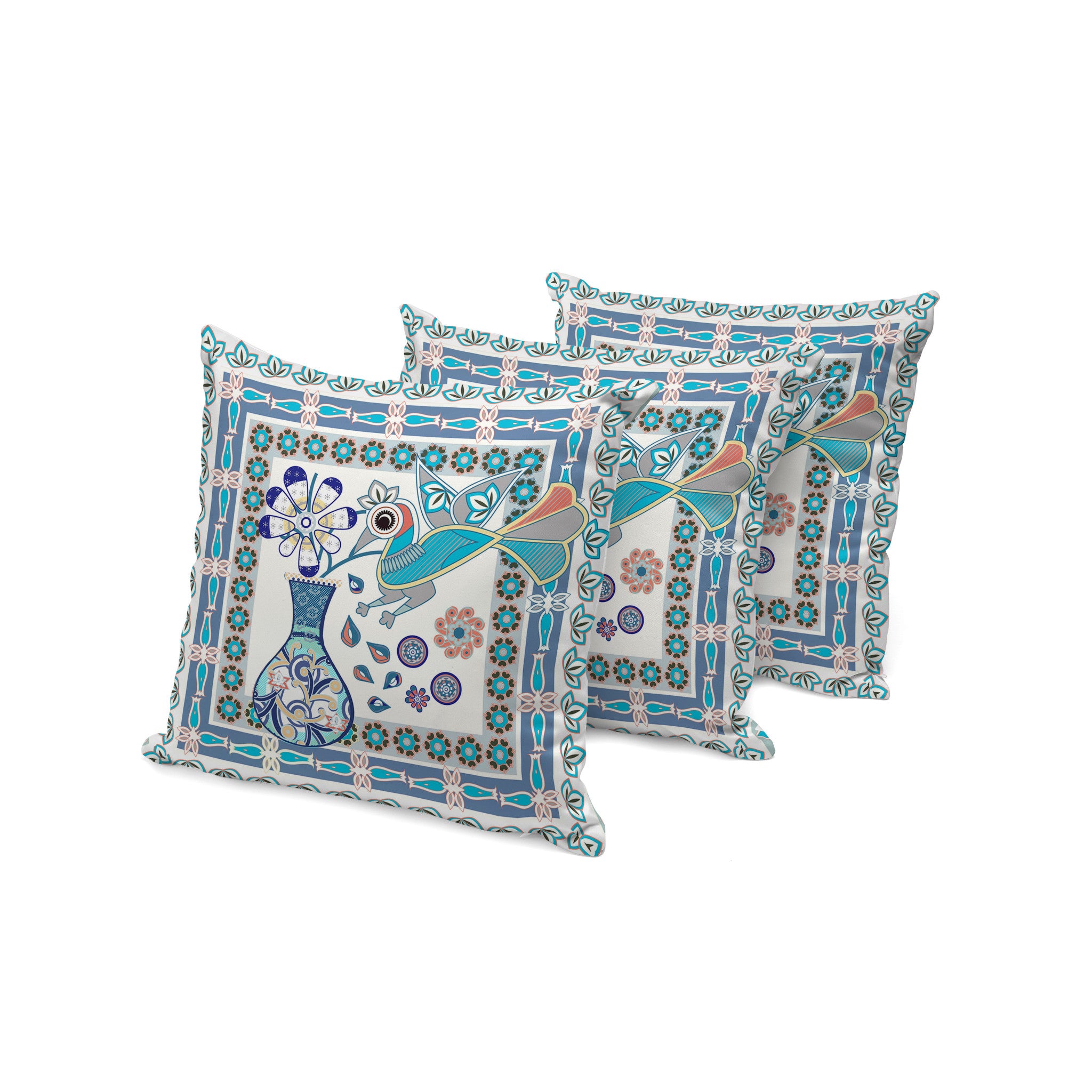 Set of Three 16" X 16" Blue and Off White Peacock Blown Seam Floral Indoor Outdoor Throw Pillow