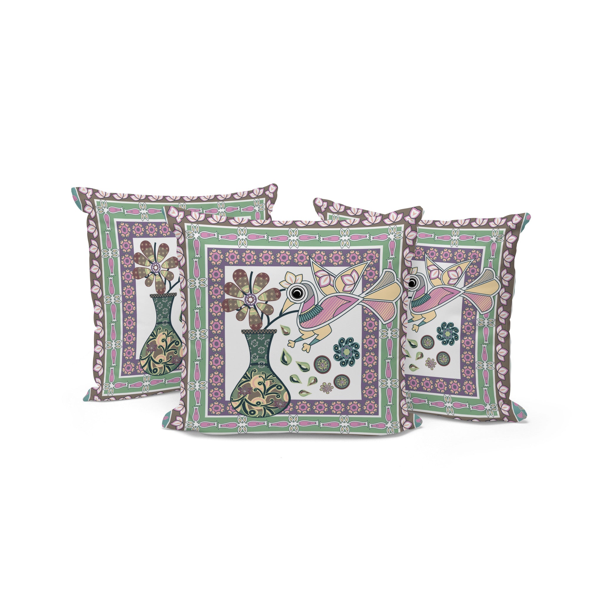 Set of Three 16" X 16" Pink and Brown Peacock Blown Seam Floral Indoor Outdoor Throw Pillow