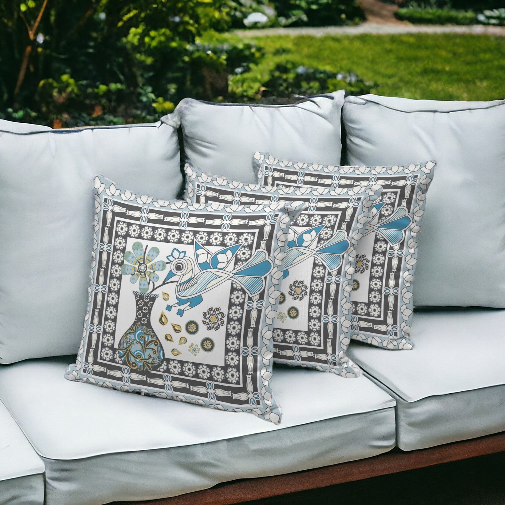 Set of Three 16" X 16" Black and White Peacock Blown Seam Floral Indoor Outdoor Throw Pillow