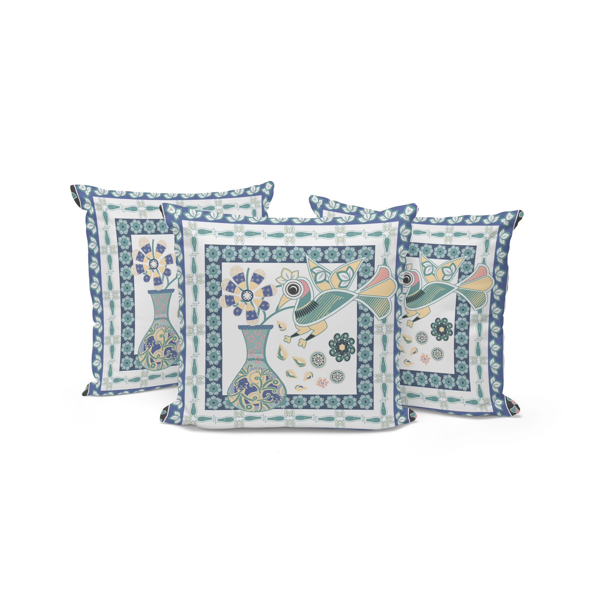 Set of Three 16" X 16" Blue and White Peacock Blown Seam Floral Indoor Outdoor Throw Pillow