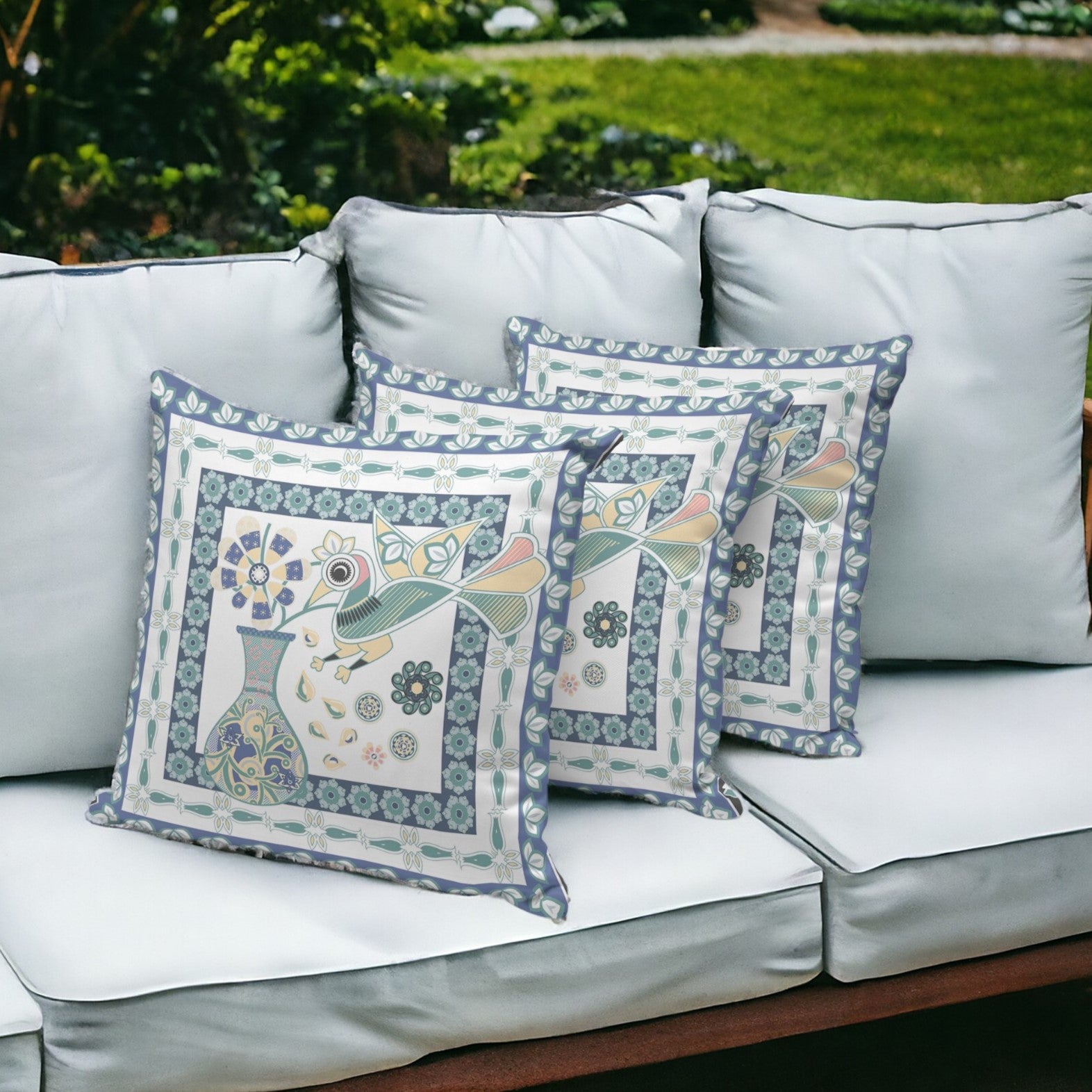 Set of Three 16" X 16" Blue and White Peacock Blown Seam Floral Indoor Outdoor Throw Pillow