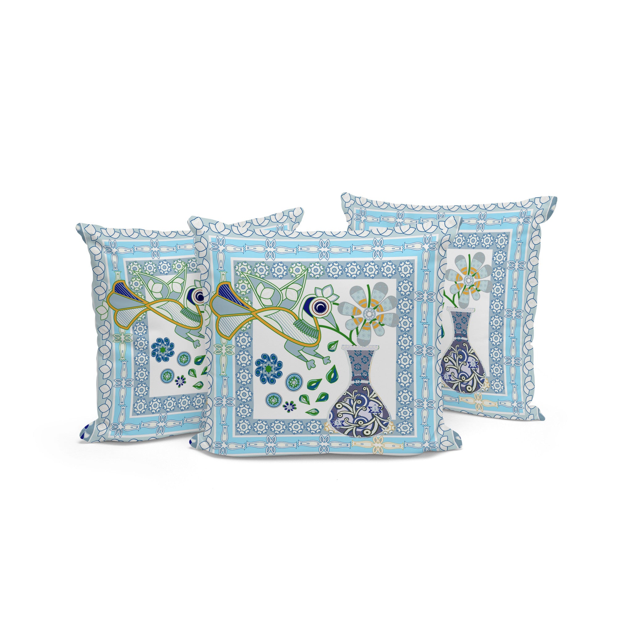 Set of Three 16" X 16" Gray and White Peacock Blown Seam Floral Indoor Outdoor Throw Pillow