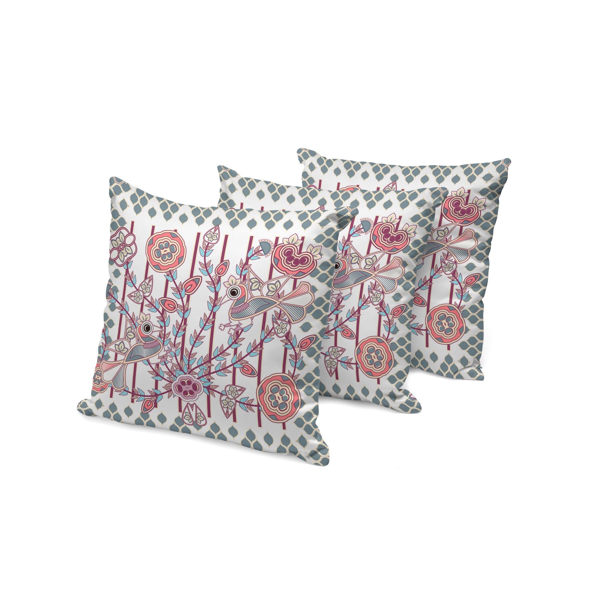 Set of Three 16" X 16" Red and White Peacock Blown Seam Floral Indoor Outdoor Throw Pillow