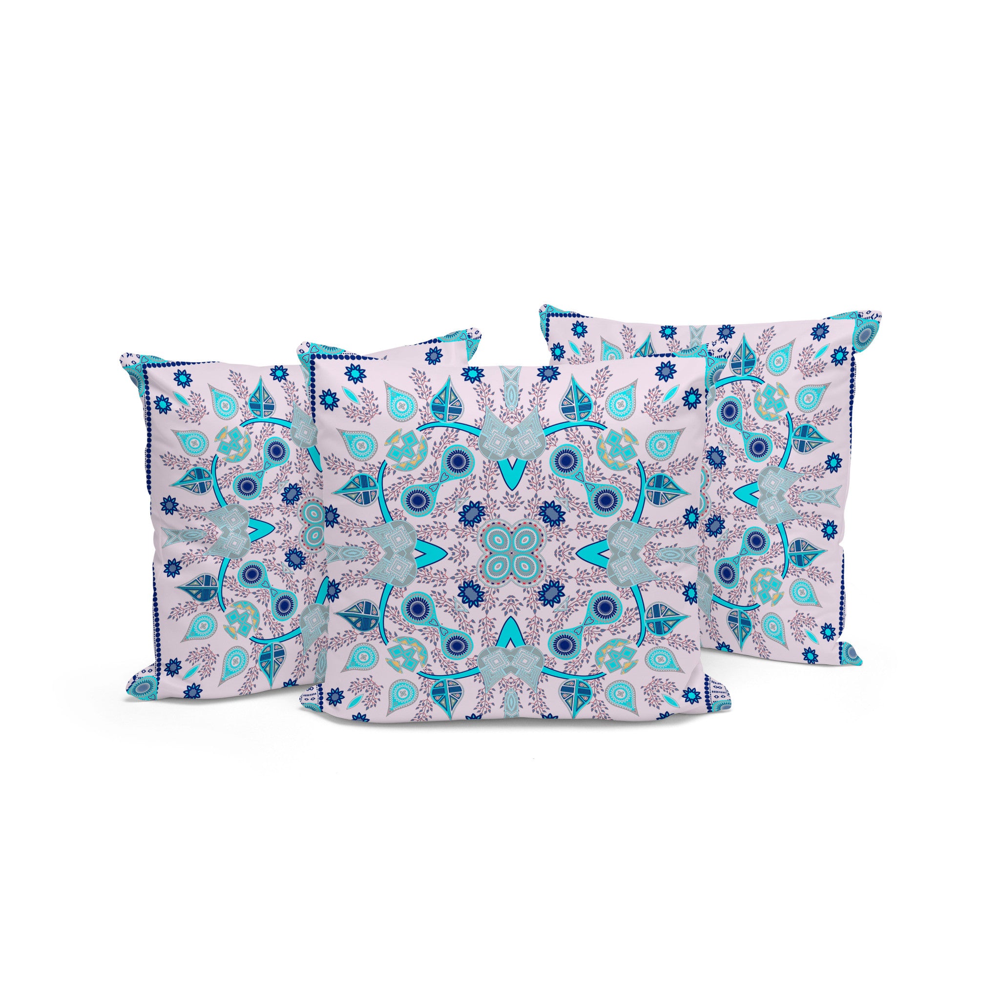 Set of Three 16" X 16" Blue and Pink Blown Seam Paisley Indoor Outdoor Throw Pillow