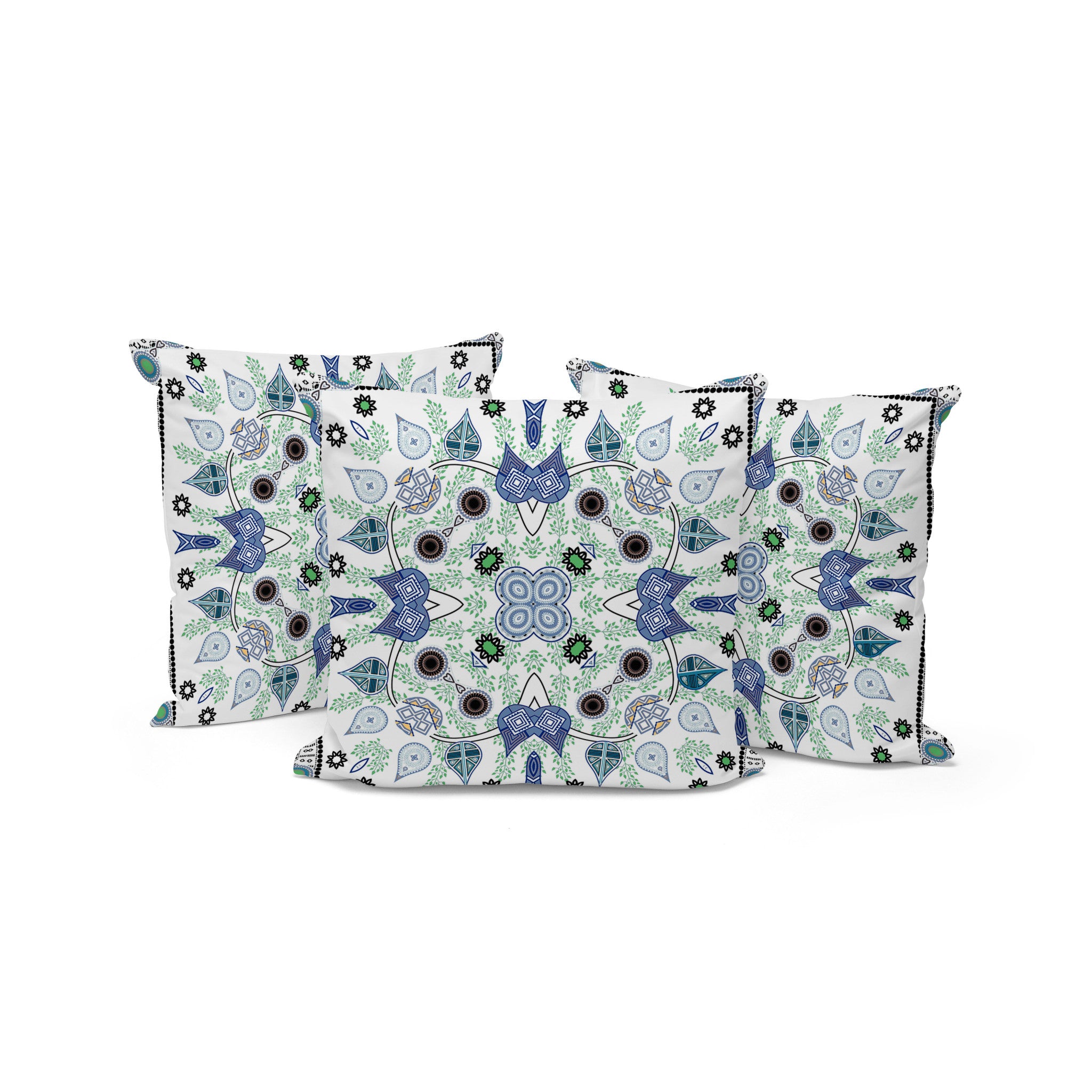 Set of Three 16" X 16" Blue and Off White Blown Seam Paisley Indoor Outdoor Throw Pillow