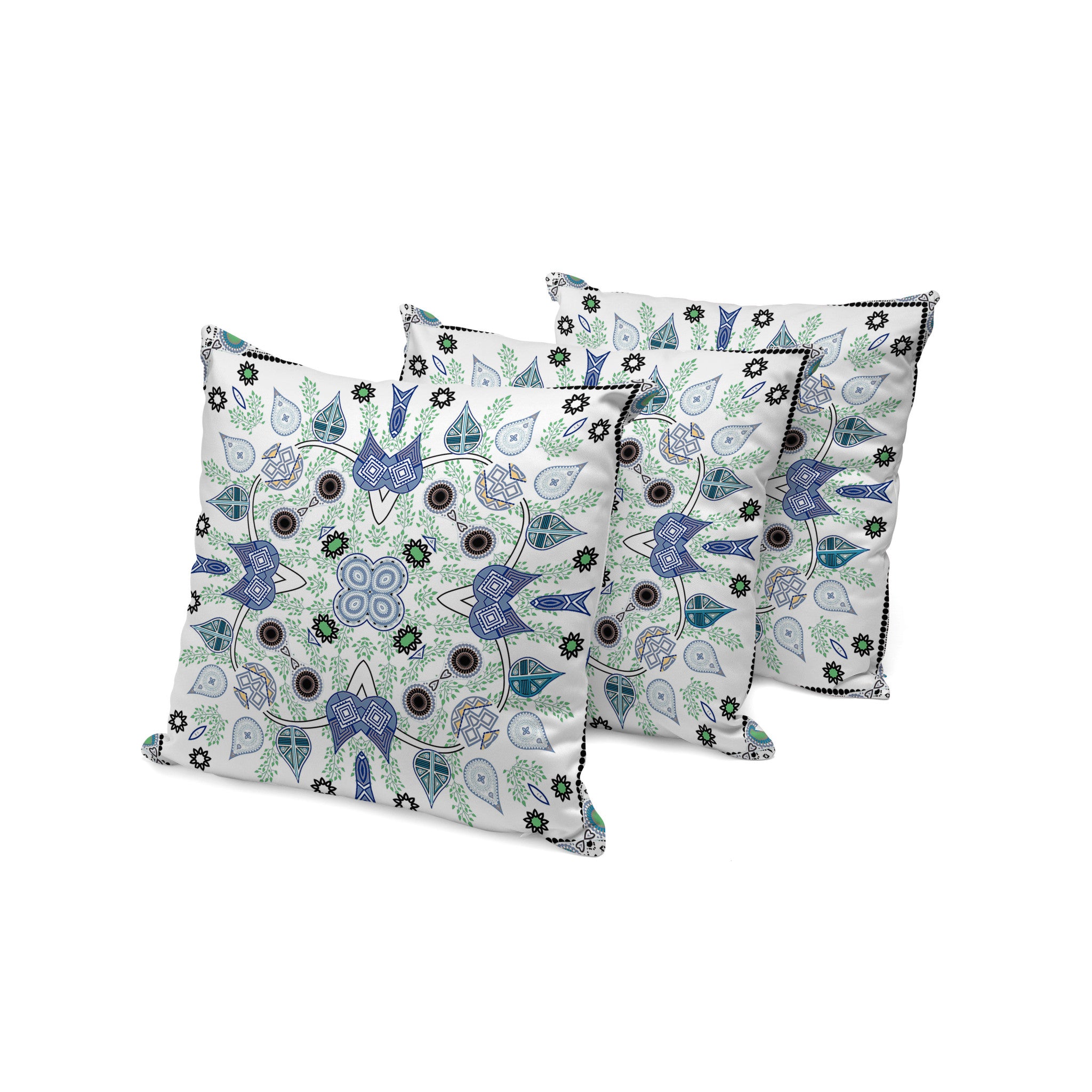 Set of Three 16" X 16" Blue and Off White Blown Seam Paisley Indoor Outdoor Throw Pillow