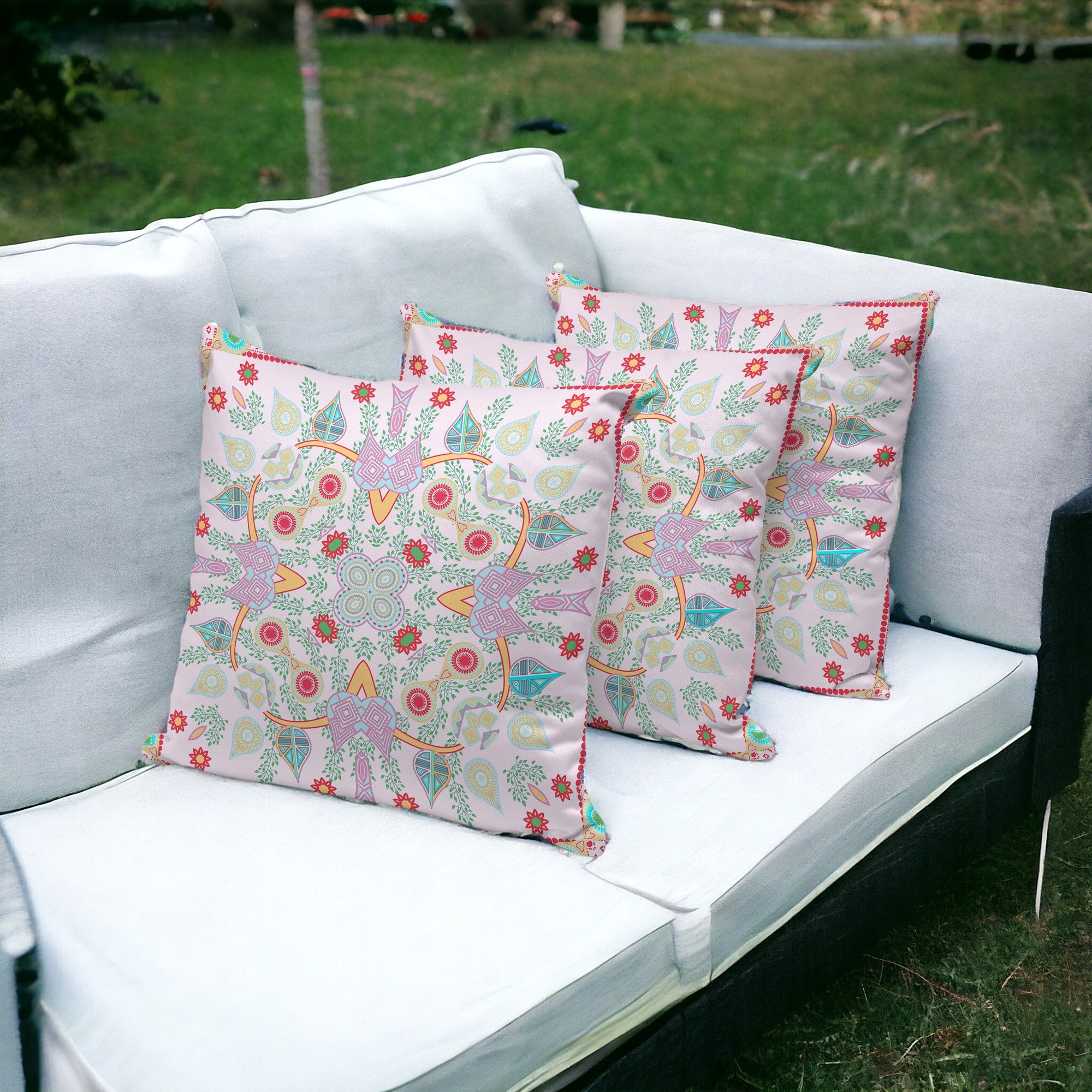 Set of Three 16" X 16" Red and Pink Blown Seam Paisley Indoor Outdoor Throw Pillow