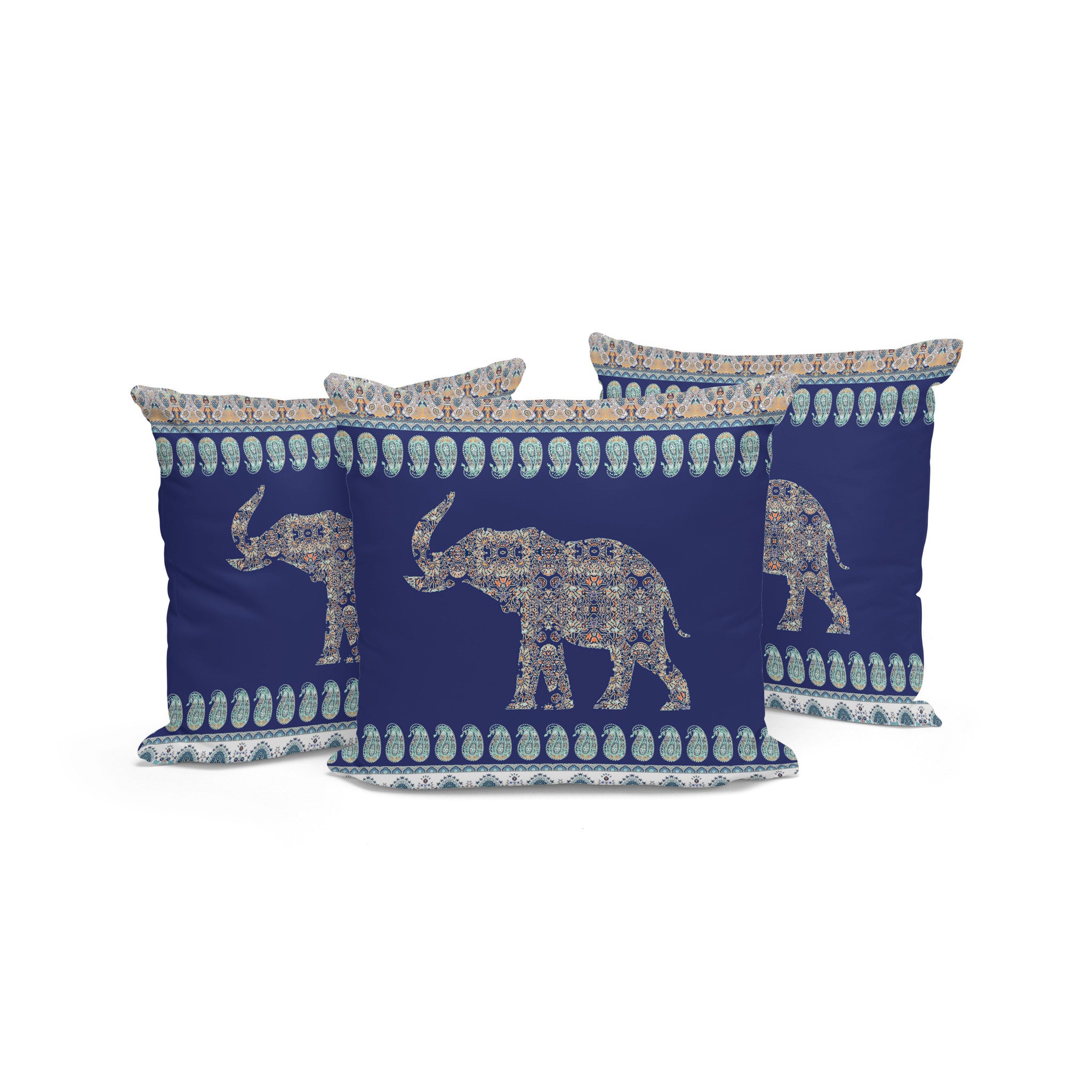 Set of Three 16" X 16" Blue and Green Elephant Blown Seam Paisley Indoor Outdoor Throw Pillow