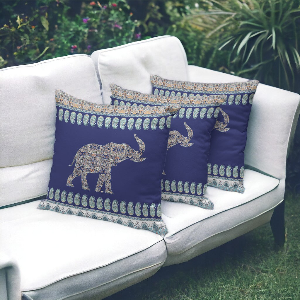 Set of Three 16" X 16" Blue and Green Elephant Blown Seam Paisley Indoor Outdoor Throw Pillow