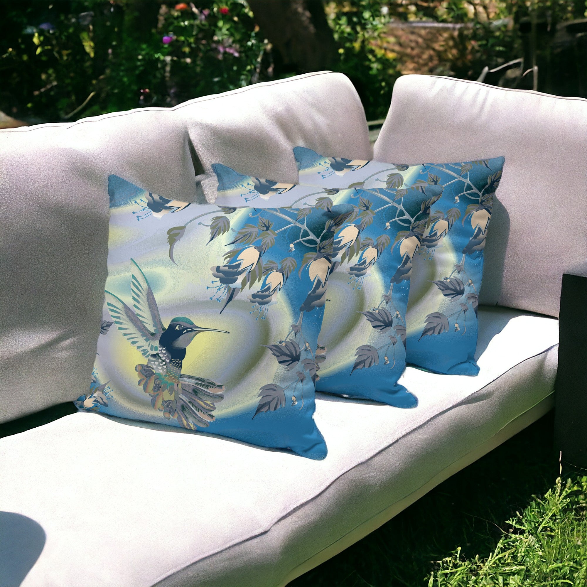 Set of Three 16" X 16" Blue and Yellow Bird Blown Seam Floral Indoor Outdoor Throw Pillow