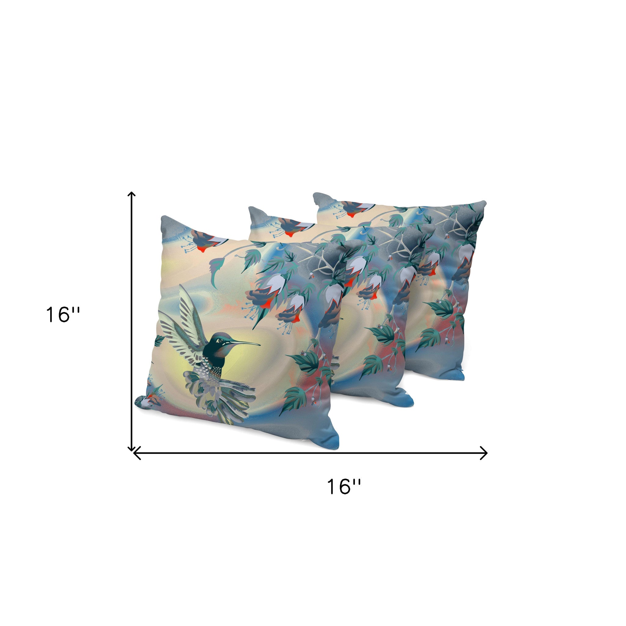 Set of Three 16" X 16" Blue and Yellow Bird Blown Seam Floral Indoor Outdoor Throw Pillow