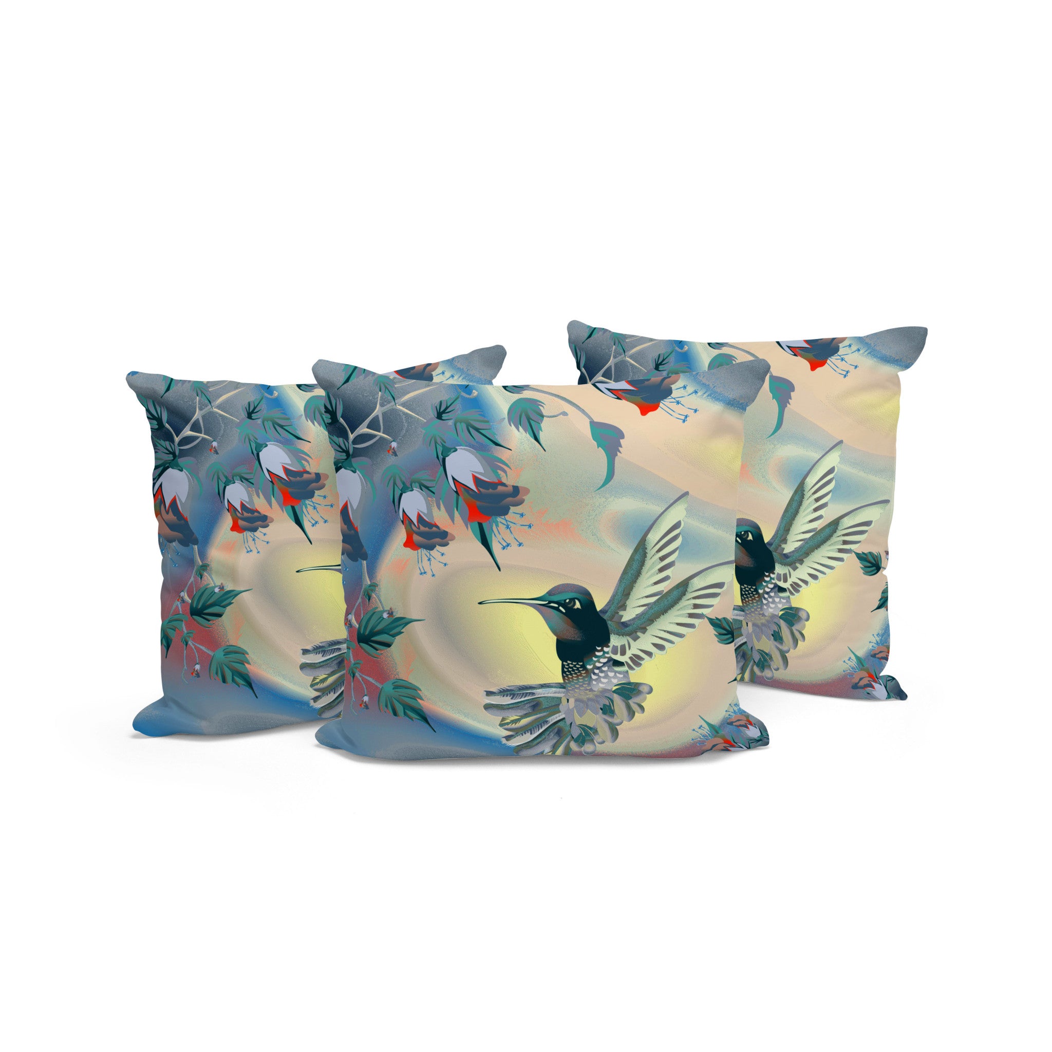 Set of Three 16" X 16" Blue and Yellow Bird Blown Seam Floral Indoor Outdoor Throw Pillow