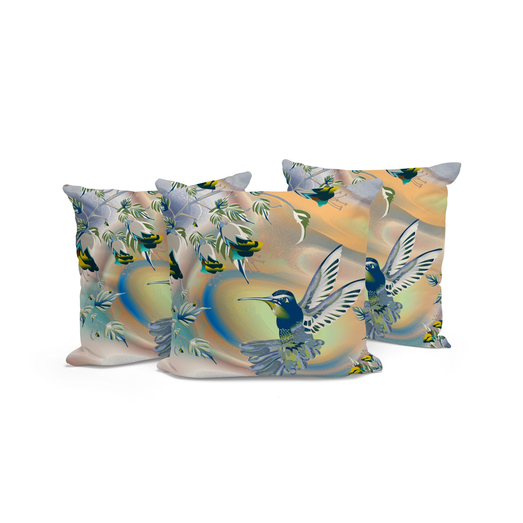 Set of Three 16" X 16" Yellow Orange Bird Blown Seam Floral Indoor Outdoor Throw Pillow