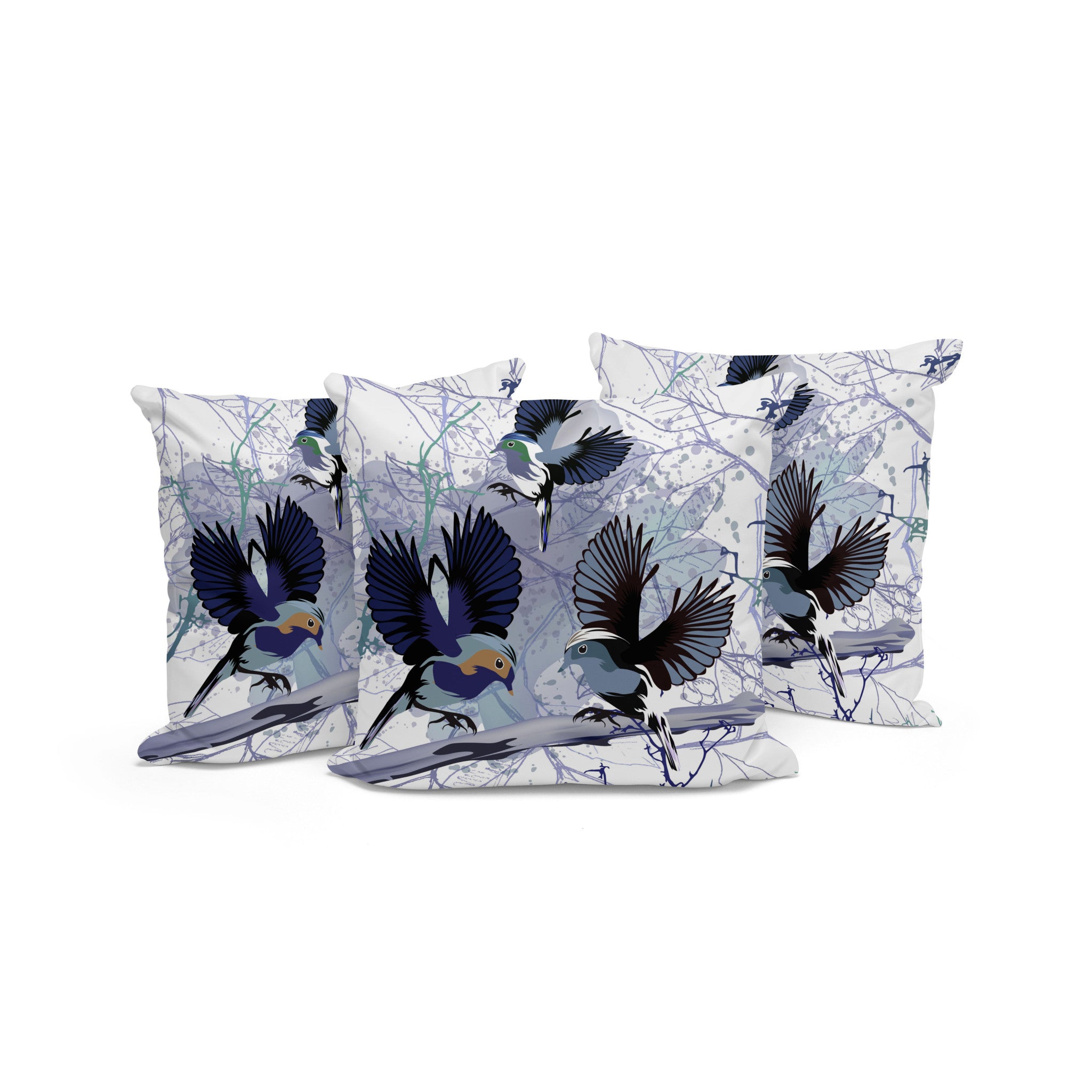 Set of Three 16" X 16" Black and White Bird Blown Seam Eclectic Indoor Outdoor Throw Pillow