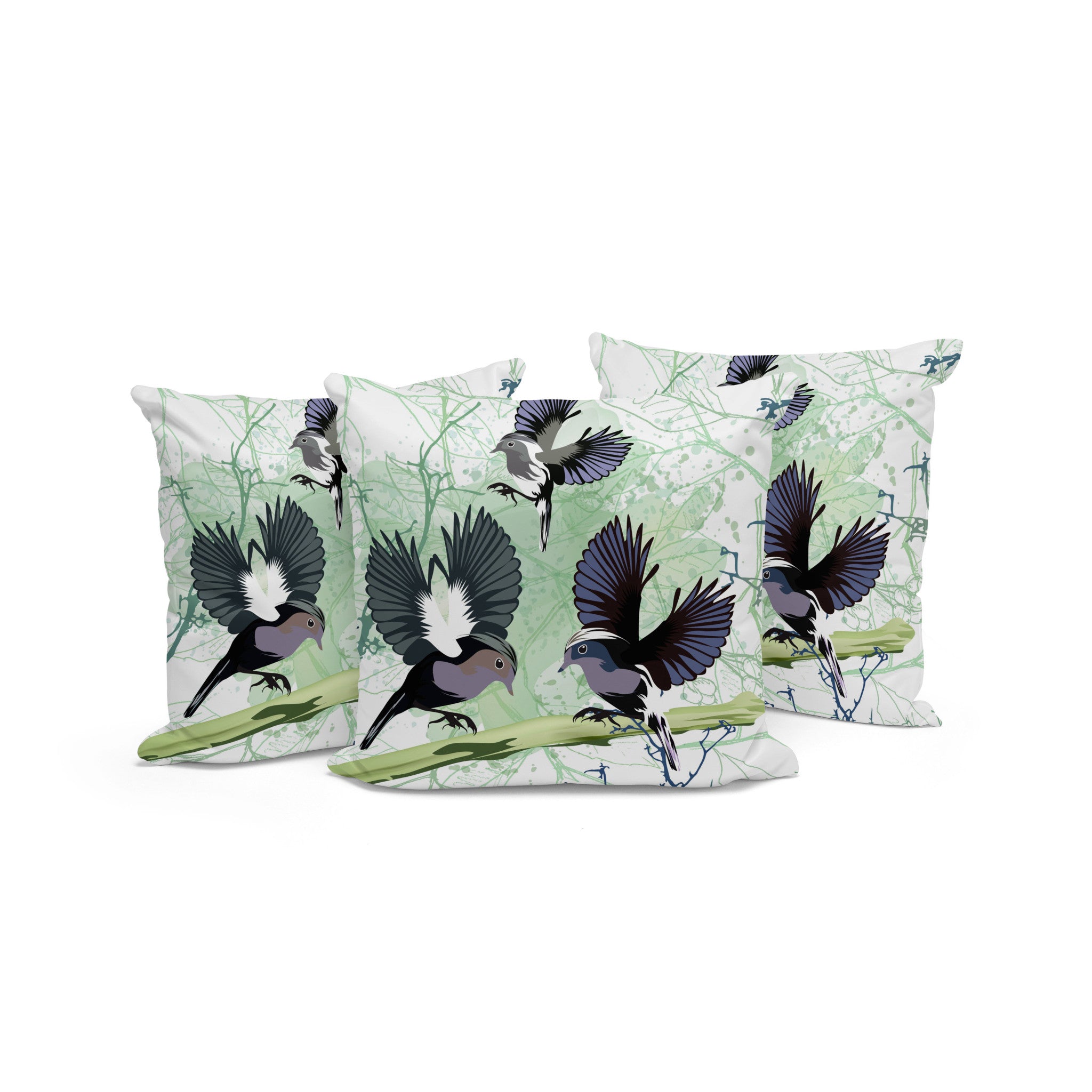 Set of Three 16" X 16" Green and White Bird Blown Seam Eclectic Indoor Outdoor Throw Pillow