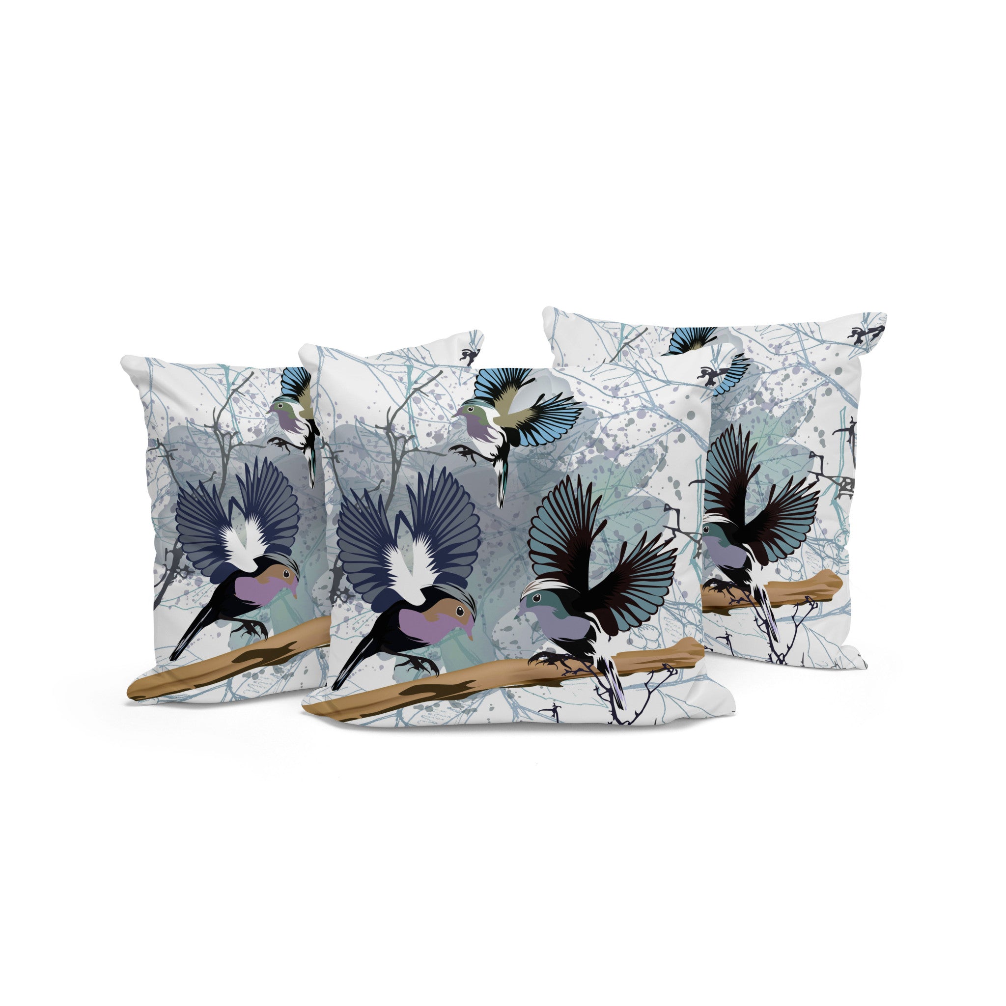 Set of Three 16" X 16" Black Gray and White Bird Blown Seam Eclectic Indoor Outdoor Throw Pillow