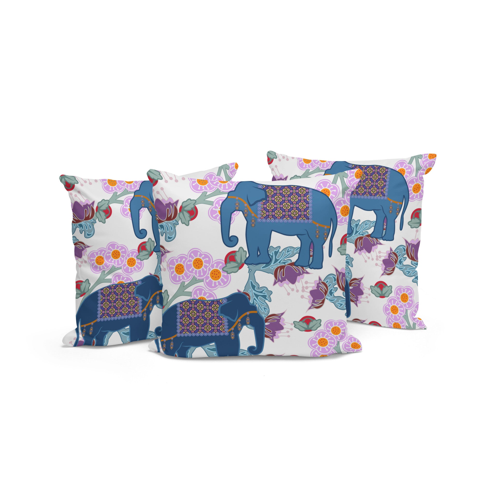 Set of Three 16" X 16" Blue and Gray Elephant Blown Seam Floral Indoor Outdoor Throw Pillow