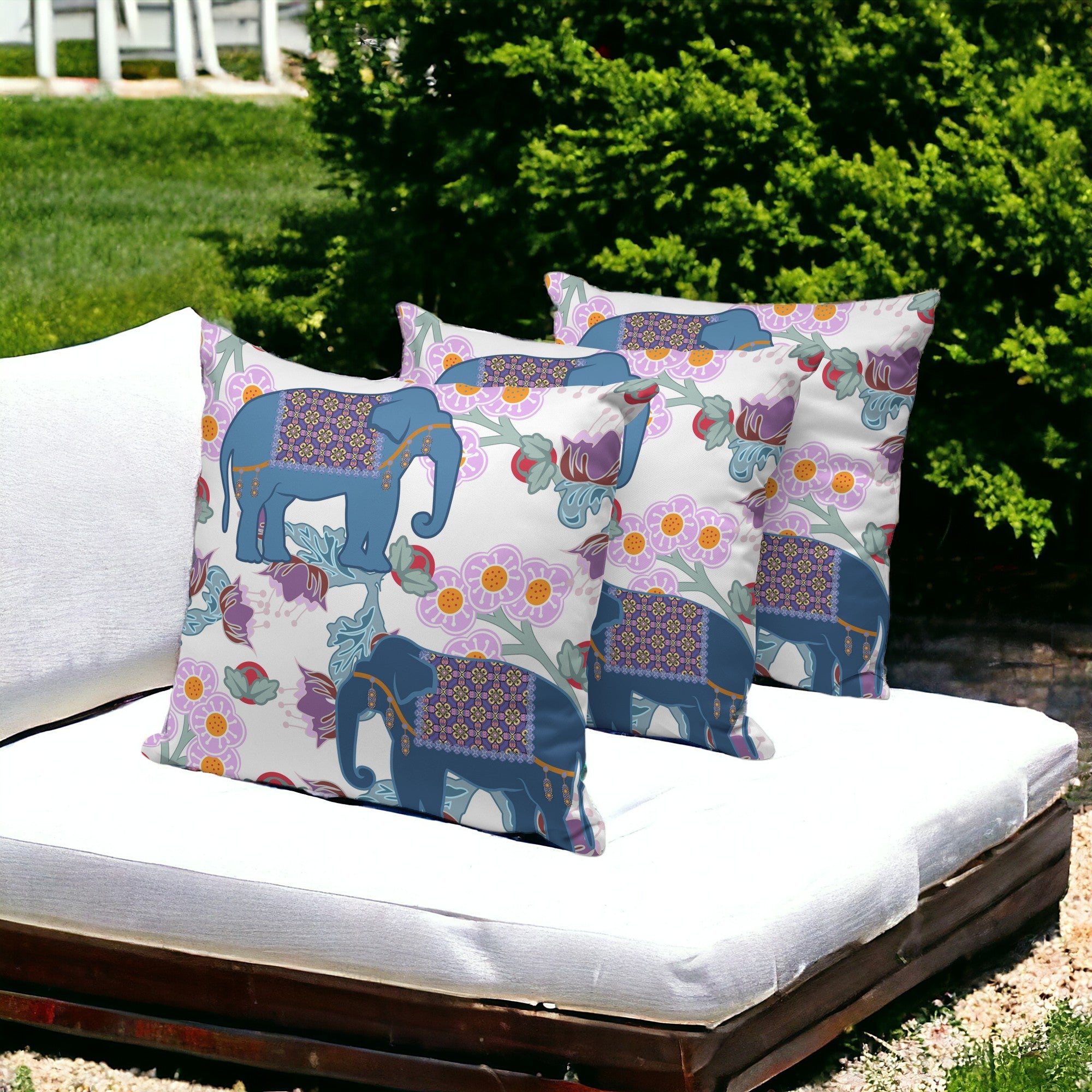 Set of Three 16" X 16" Blue and Gray Elephant Blown Seam Floral Indoor Outdoor Throw Pillow