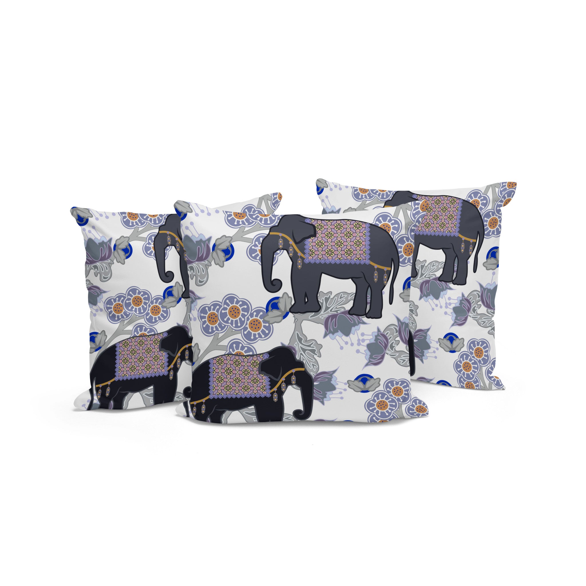 Set of Three 16" X 16" Black and Gray Elephant Blown Seam Floral Indoor Outdoor Throw Pillow