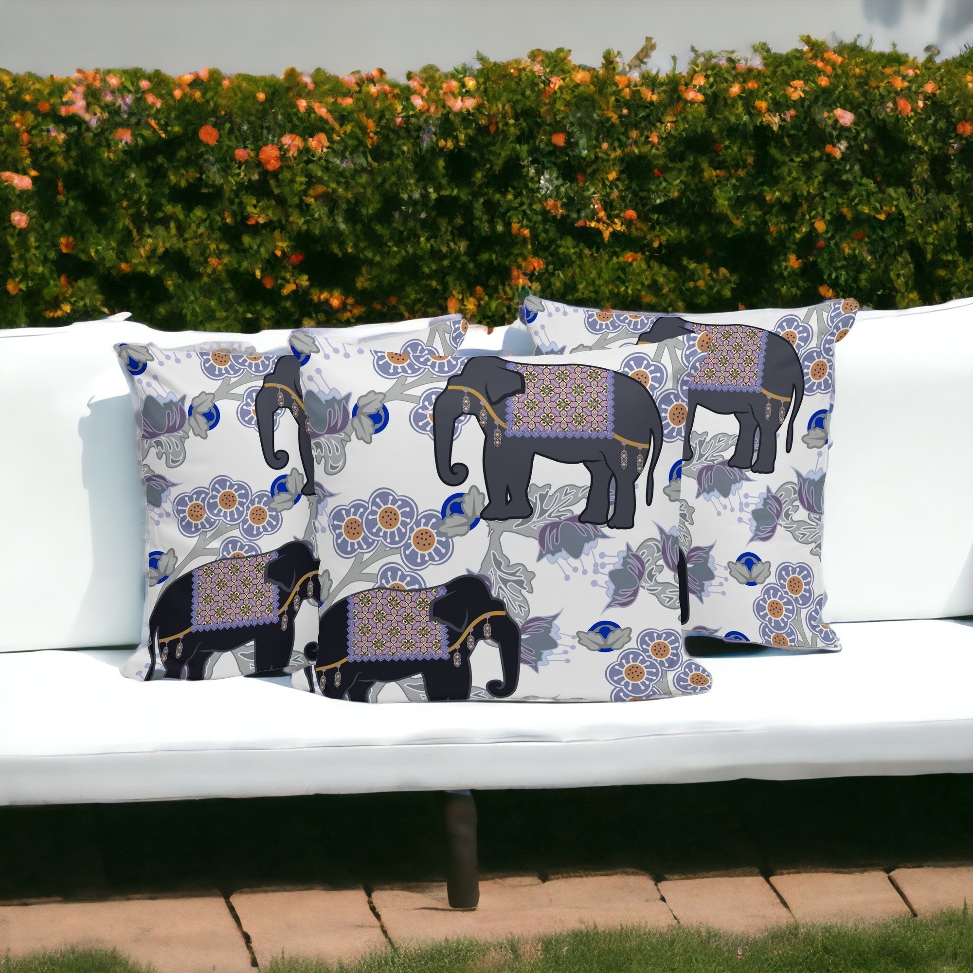 Set of Three 16" X 16" Black and Gray Elephant Blown Seam Floral Indoor Outdoor Throw Pillow