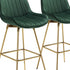 Set of Two 29" Green And Gold Velvet And Metal Swivel Low Back Bar Height Bar Chairs